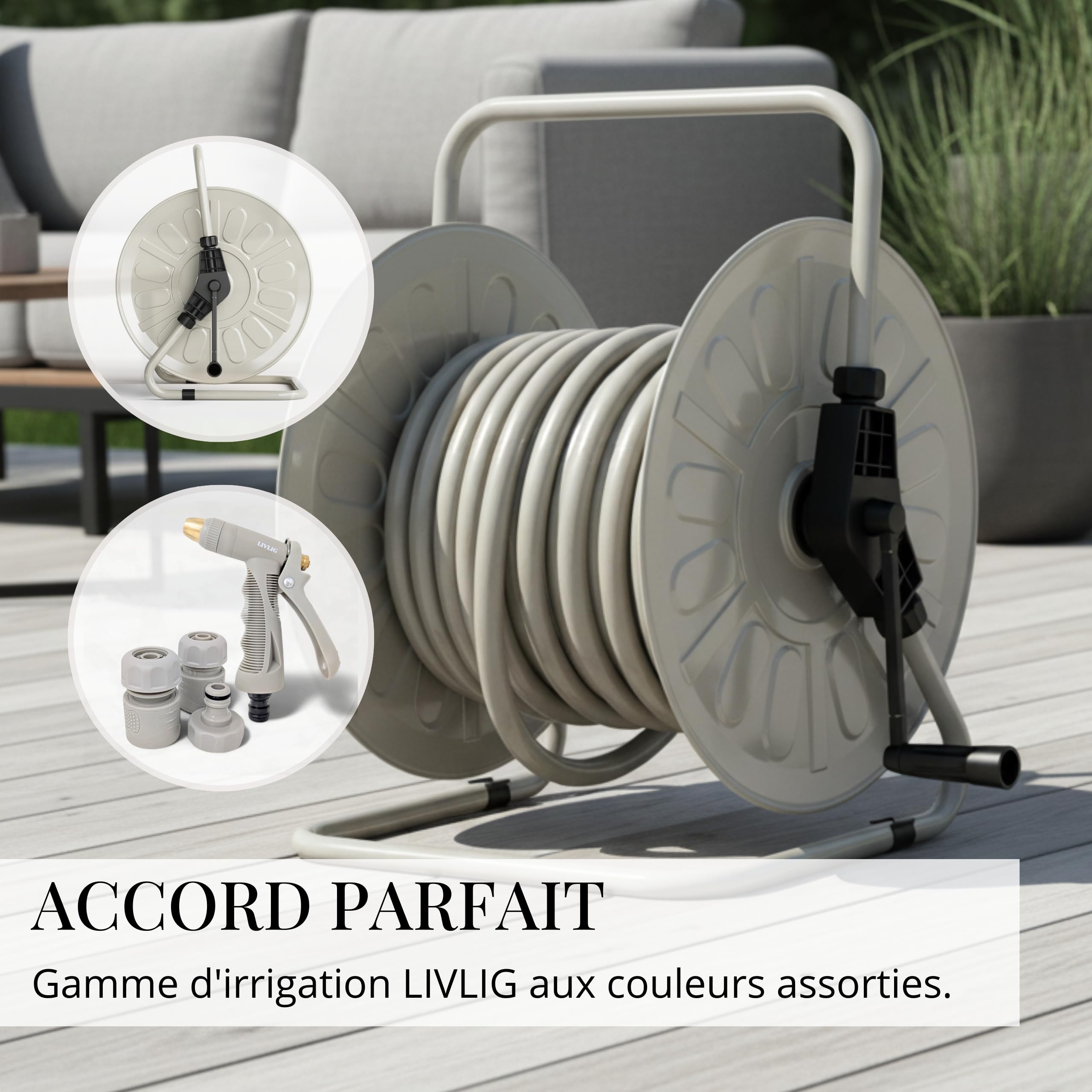 LIVLIG Tuyau d'Arrosage 30m Design – Tuyau Arrosage Flexible, 60% Recyclé, UV Résistant, Anti-Torsion, 1/2 Pouce, Grège