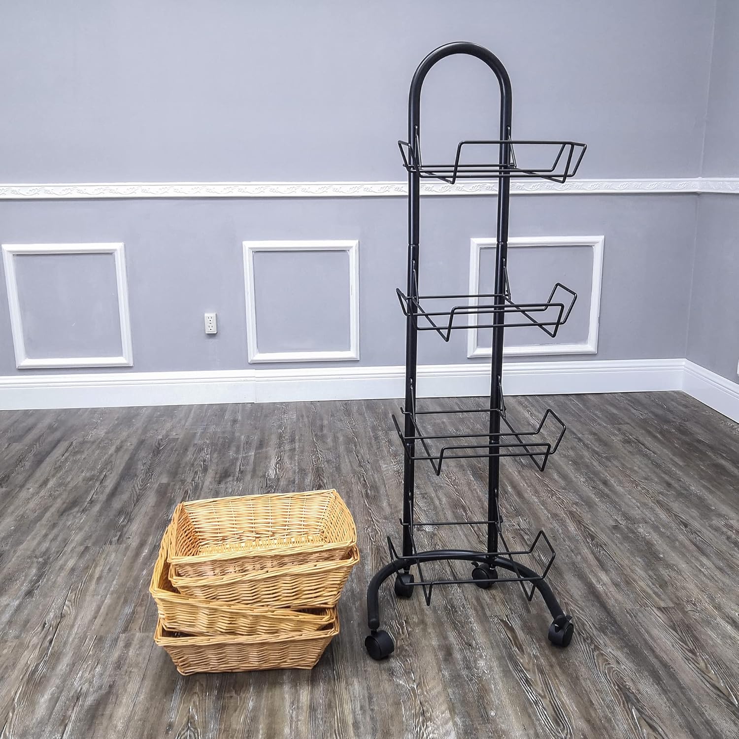 FixtureDisplays® Rolling Wicker Basket Display 4 Tier Market Merchandiser Stand Kitchen Pantry Organizer on Wheels 120009