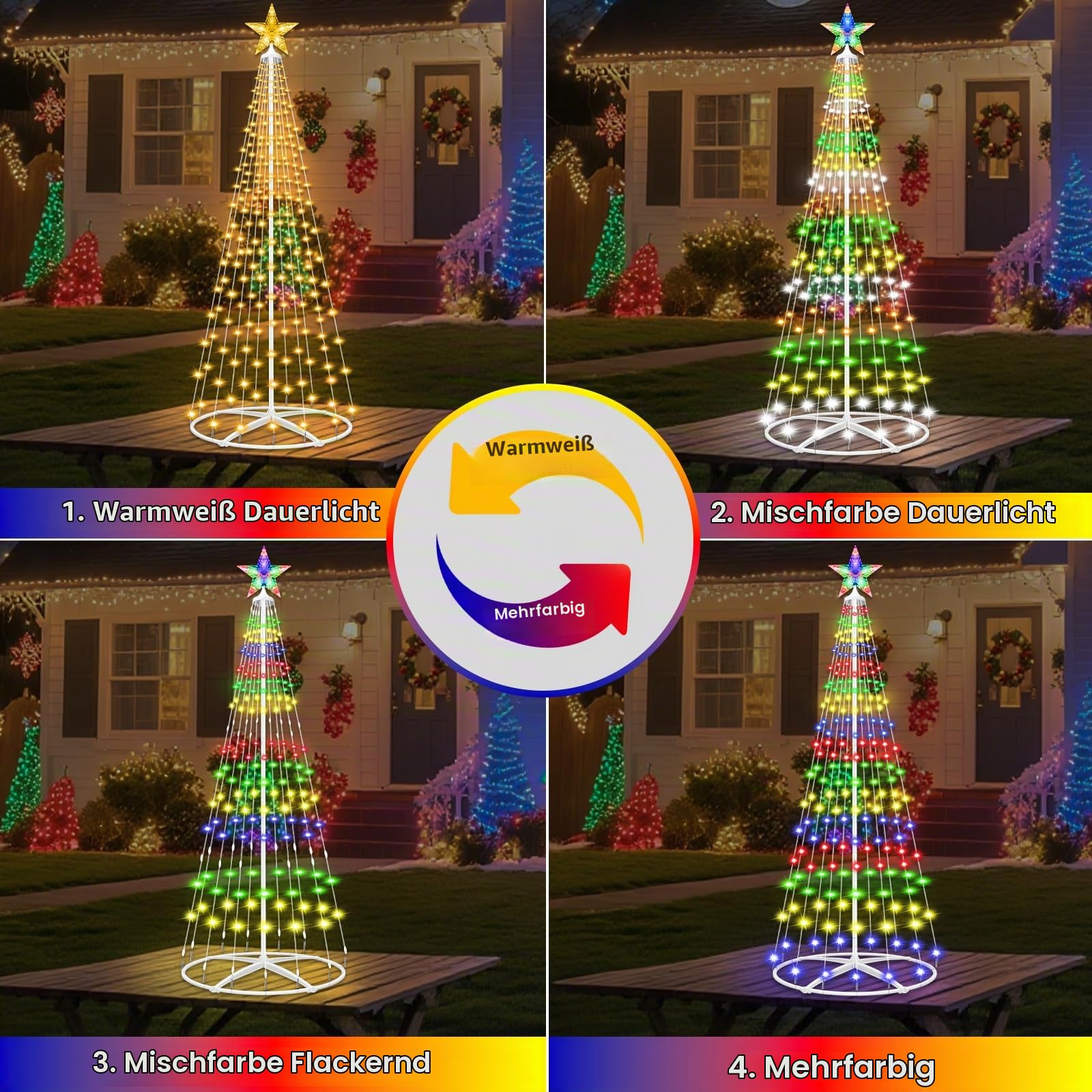 Weihnachtsbaum Metall Groß Kegelform 1.5m 204LED Mehrfarbig&Warmweiß Weihnachtsbaum Außen mit 11 Modi Fernbedienung &Timer, IP65 Wasserdichter Beleuchteter Baum Innen und Outdoor Weihnachtsdekoration
