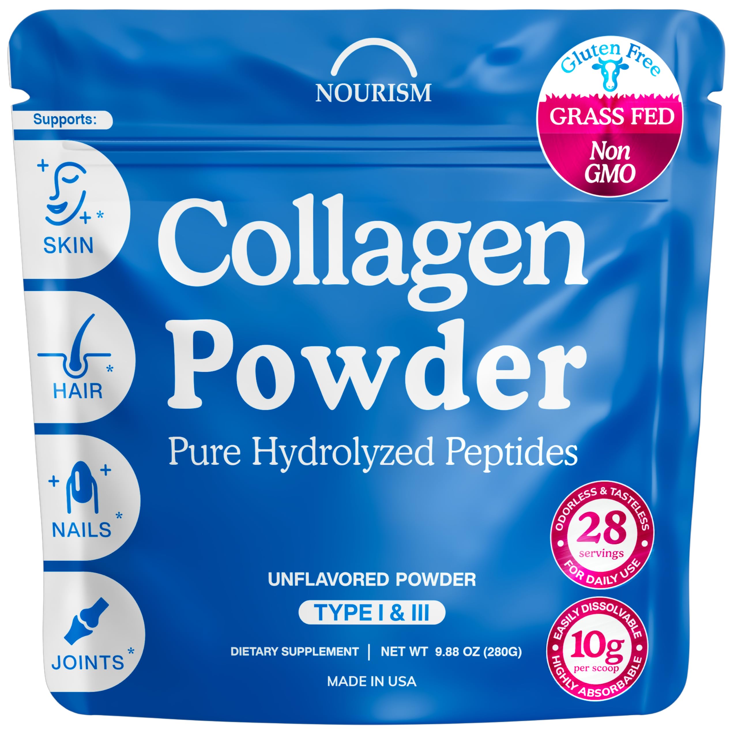 Grass-Fed Collagen Peptides Powder for Women and Men - Hydrolyzed Types I III Non-GMO Gluten-Free Kosher and Pareve
