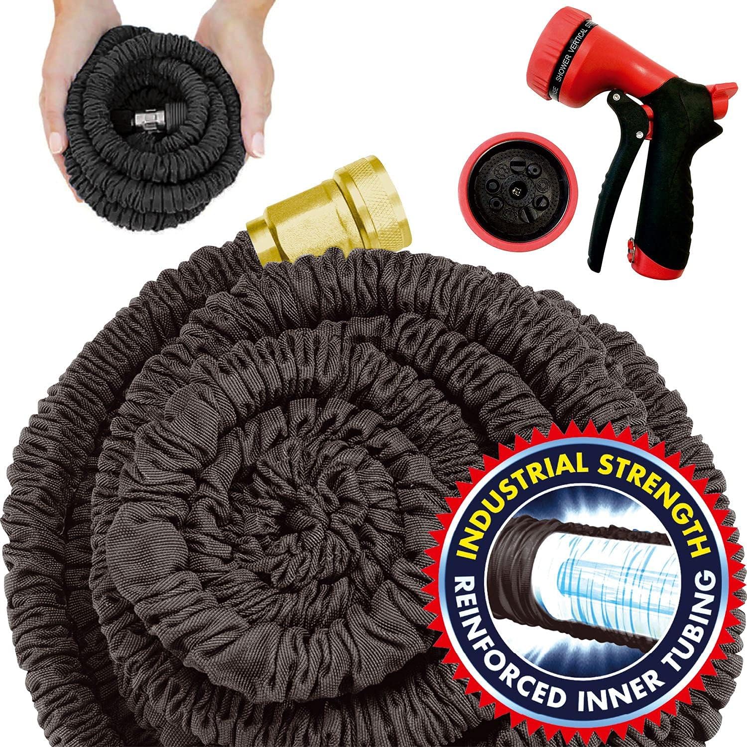 Parkland® Black Garden Hose Pipe Expandable Magic Hose Stretch Hosepipe with Solid Aluminium Ends & 9 Function Spray Gun Double Latex Core Extra Strength Fabric (150FT)