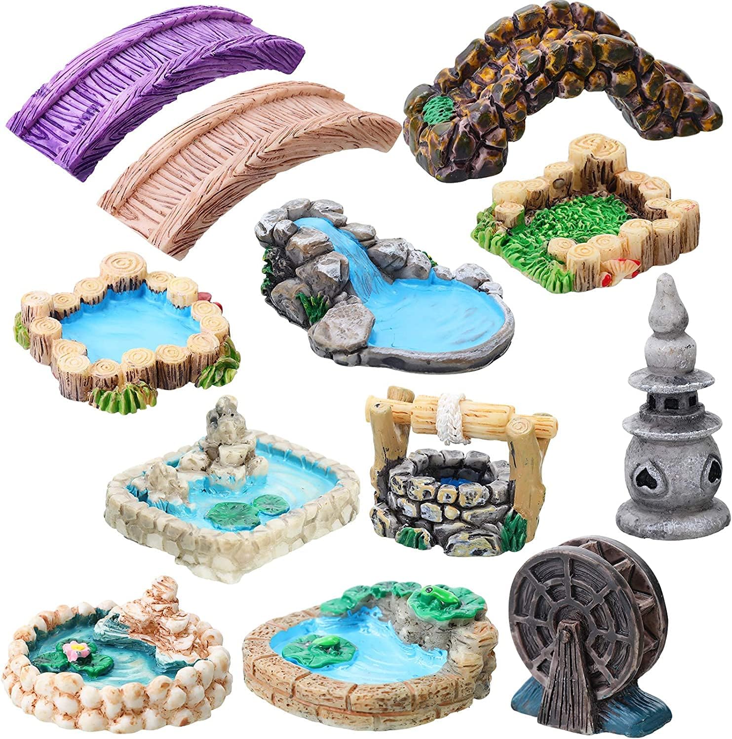 SYOSI Fairy Garden Accessories, Miniature Garden Bridge, Figurines, Mini Lighthouse, Water Well, Miniature Pond Lawn Garden, Ornament Figurines, for DIY Craft Garden Decoration 12 Pieces