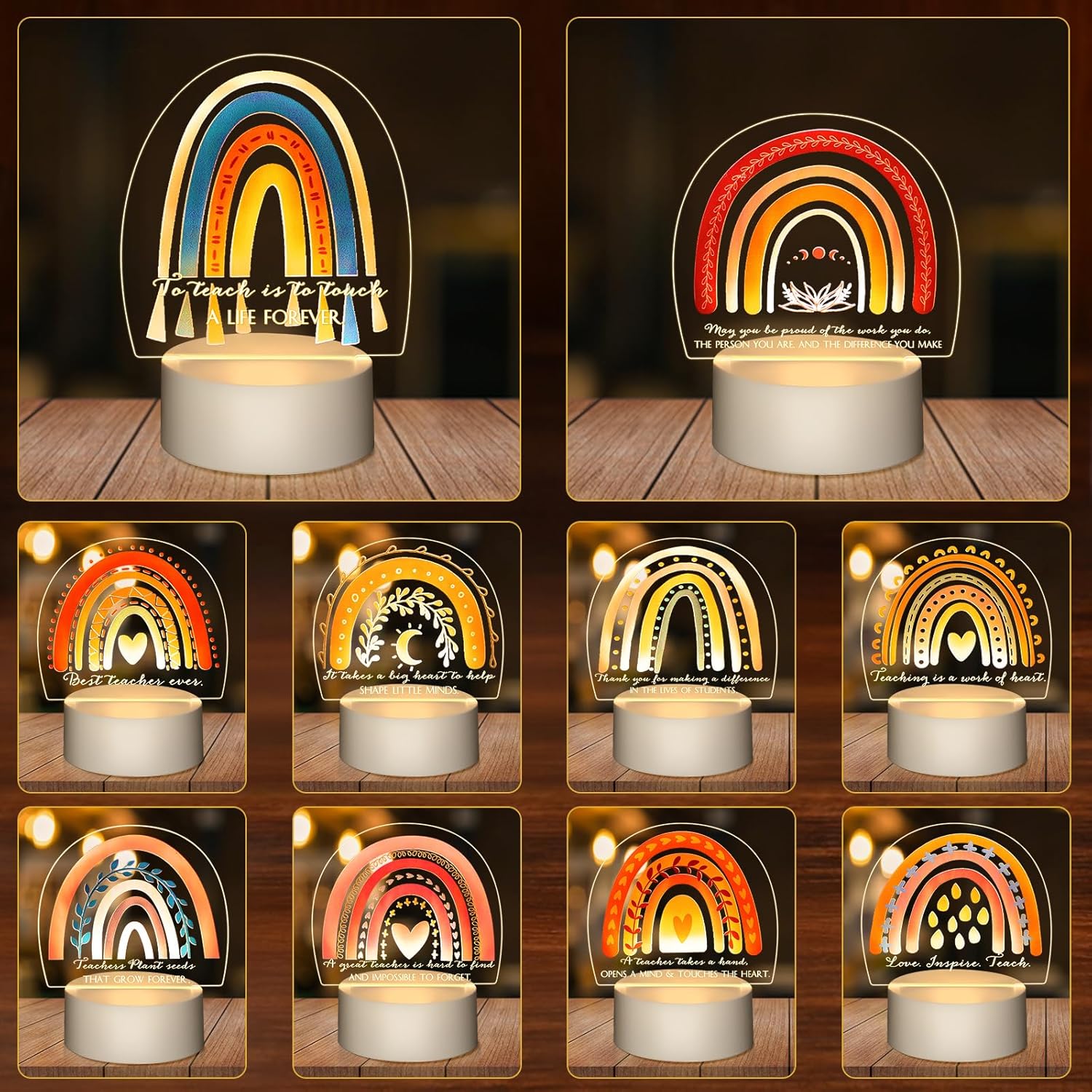 Kigley 10 Pcs Teacher Appreciation Gifts Rainbow Lamp Engraved Acrylic Teachers Inspirational LED Night Light with USB for Teacher Retirement Gifts Birthday Gift