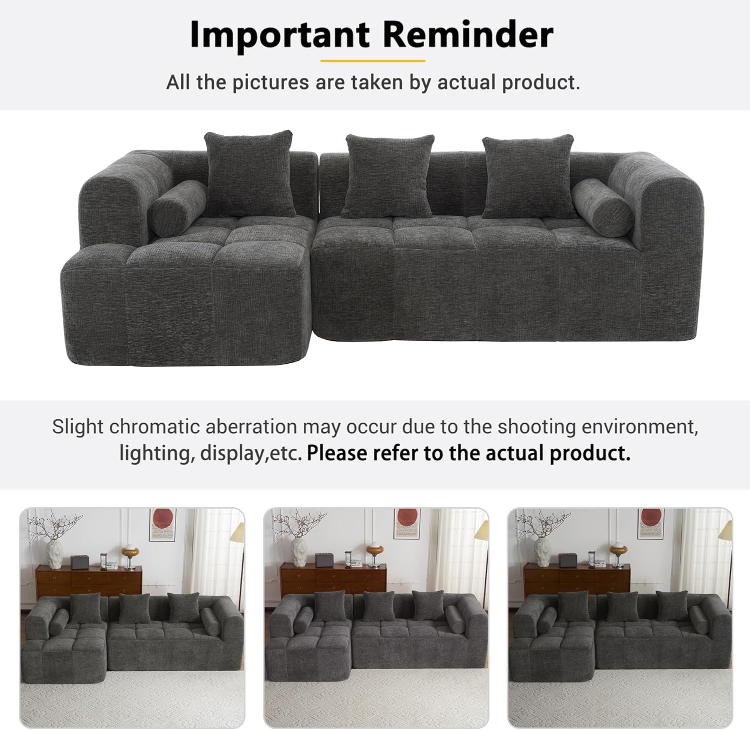 Merax 101" Modular Sectional Sofa with Deep Seating, Wide Armrests and 3 Back Pillows, Oversized Chenille Upholstered Cloud Couch, Free Combination Indoor Furniture for Living Room, Apartment, Grey