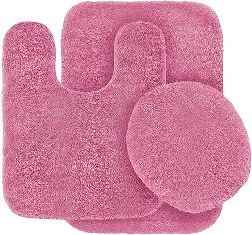 Juego de 3 alfombras de baño Angela de color sólido antideslizantes y suaves., Hot Pink