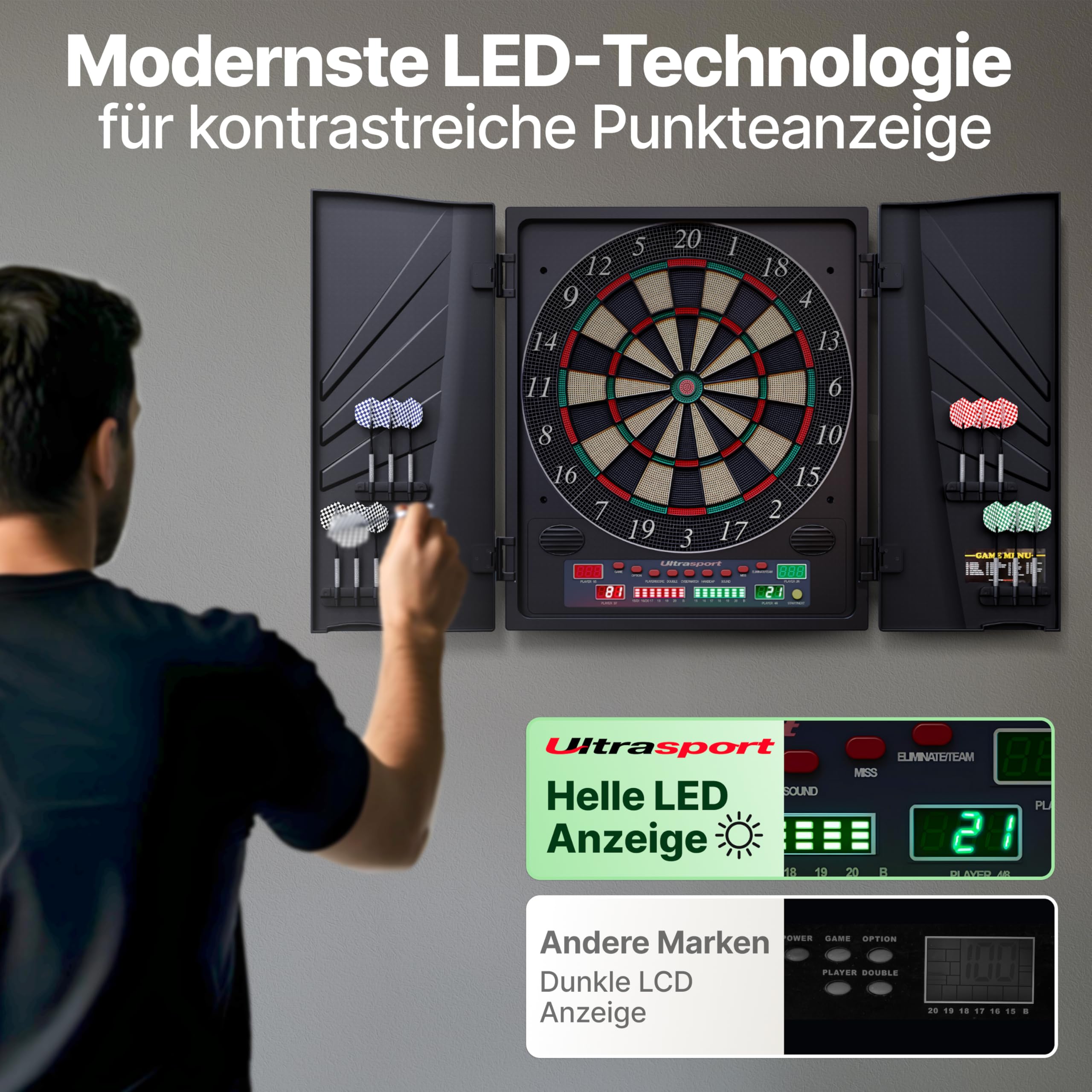 Ultrasport Dartscheibe Elektronisch Profi Set für 1-8 Spieler mit 15 Darts, 15 Pro Flights, 100 Pfeilspitzen, 3 Startlinien I Dartautomat