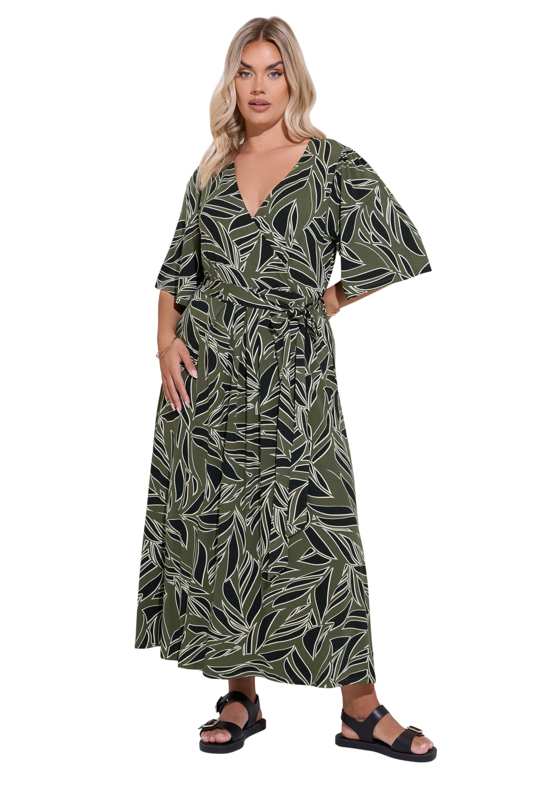 Yours Women's Khaki Curve Green Leaf Wrap Maxi Dress - Plus Size Curve