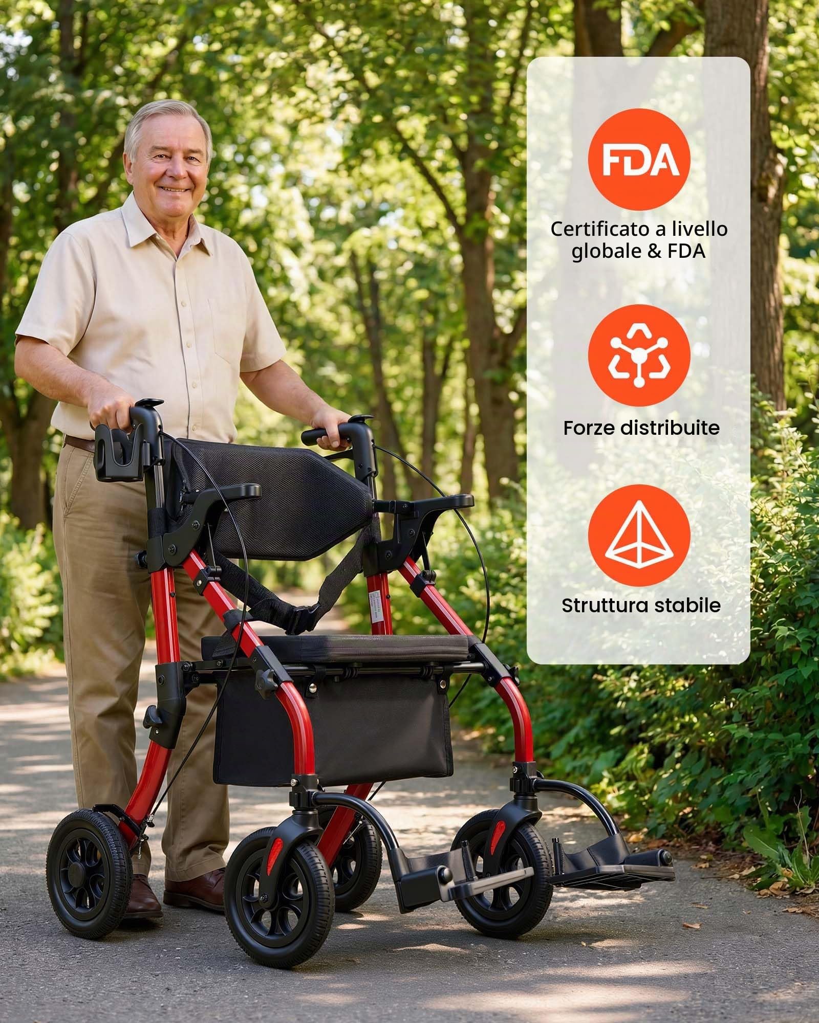 VEVOR Deambulatore e Sedia a Rotelle 2 in 1 Carico Max 136 kg per Sostegno Camminata, Ausilio Pieghevole per Mobilità in Alluminio con Ruote in PU Portaoggetti e Porta Bastone, per Disabili e Anziani