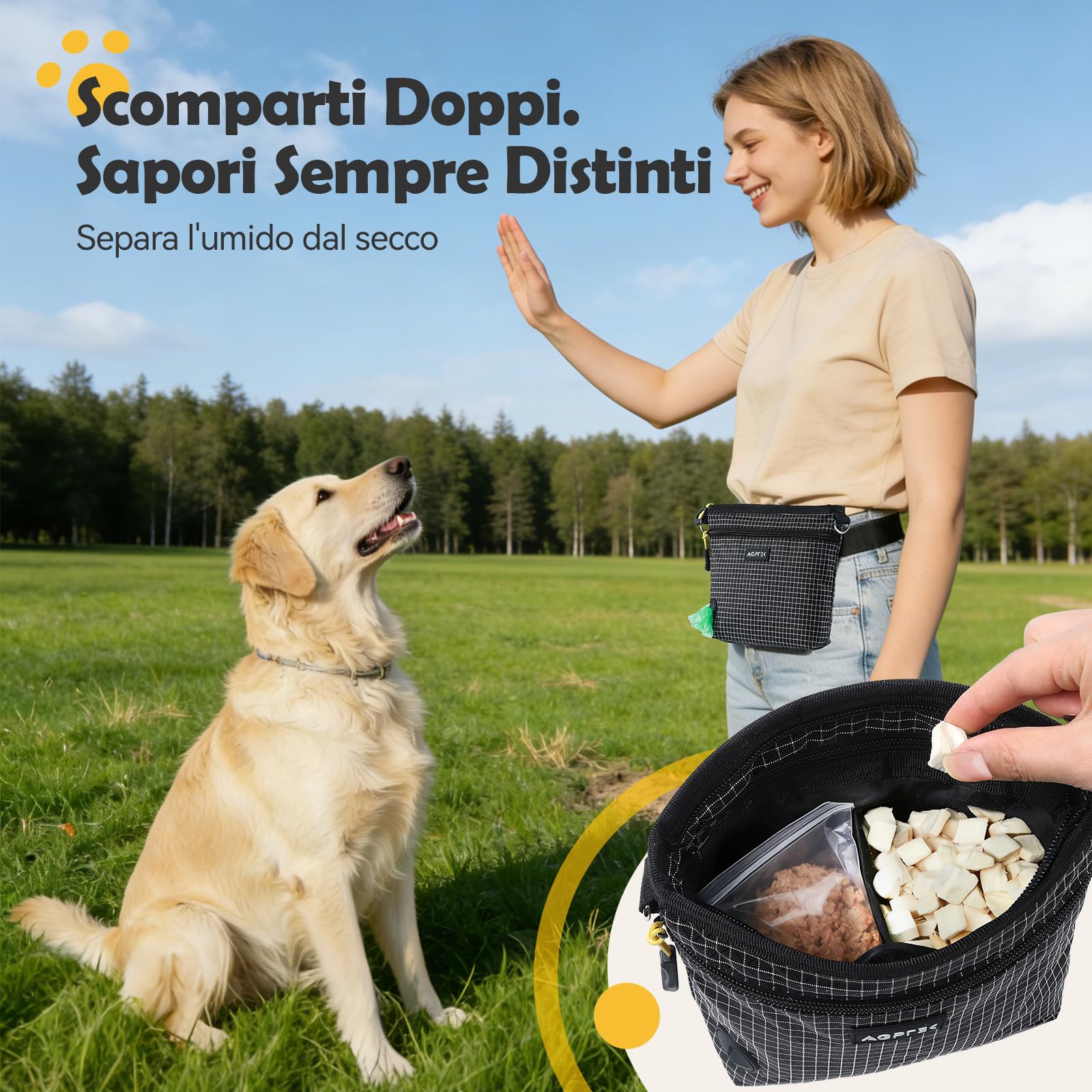 AGPTEK Borsa Porta Snack per Cani con Dispenser Sacchetti, Marsupio Addestramento Cane a Mani Libere, Borsa Training Cane con Clip per Cintura, Nero