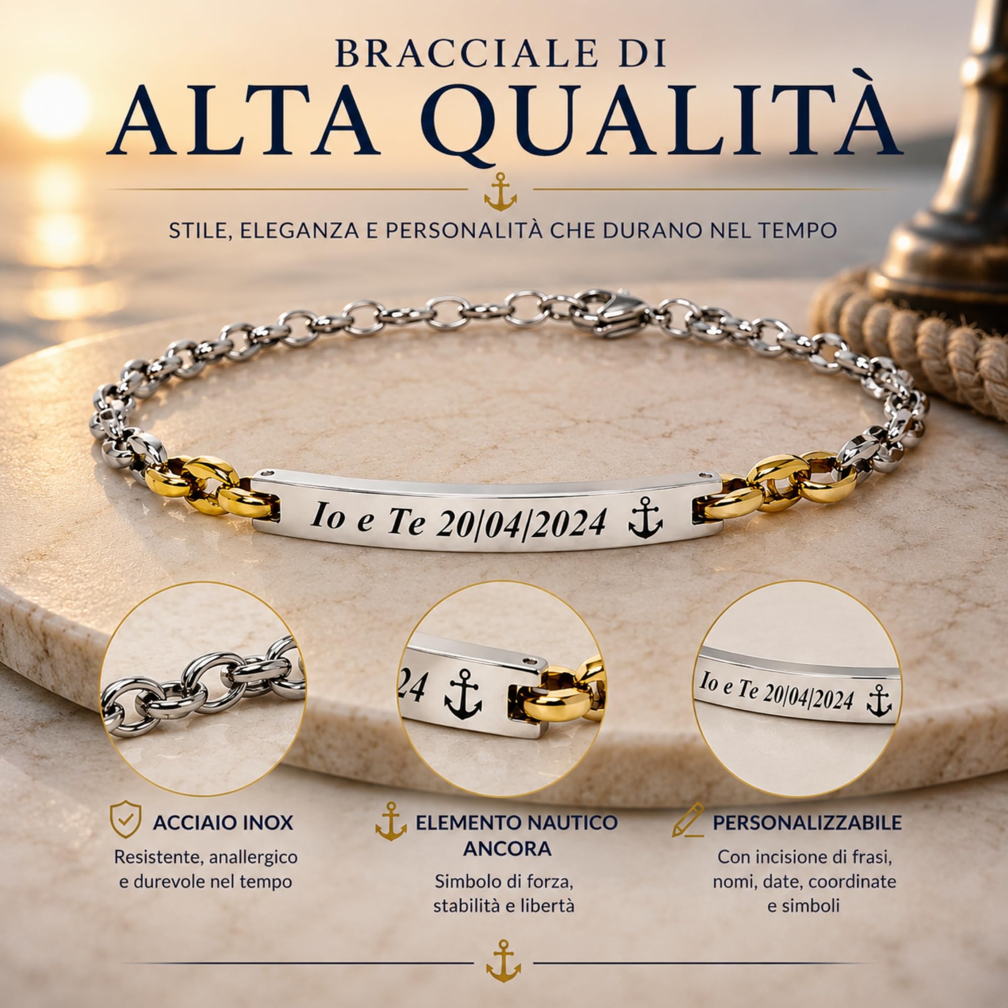 Bracciale Uomo Personalizzato in Acciaio Inox Maglia Marina con Incisione | Braccialetto Maschile Elegante Regolabile | Gioiello Personalizzabile Idea Regalo per Lui bcc3113