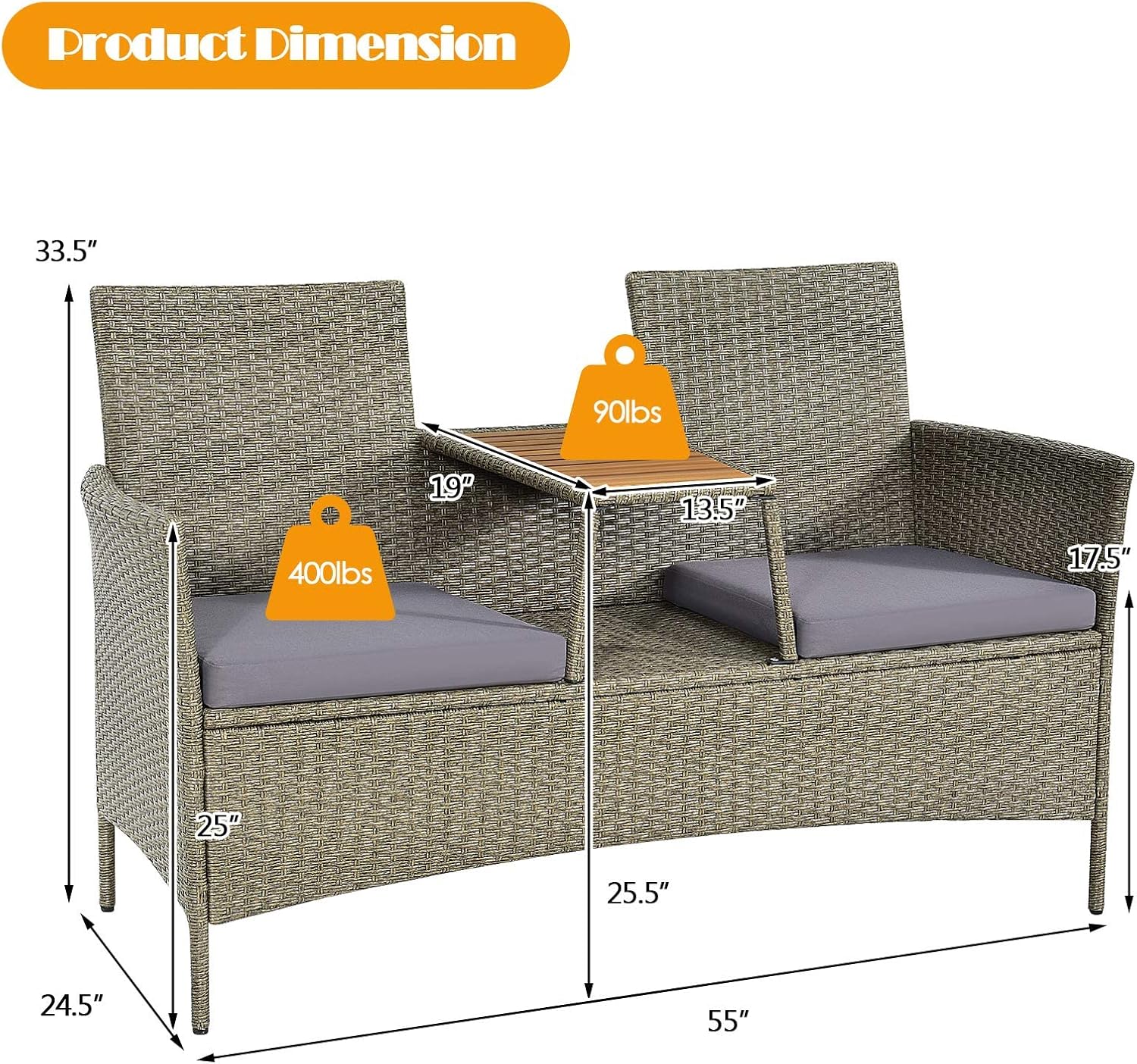 HAPPYGRILL Loveseat product dimensions and weight capacities.