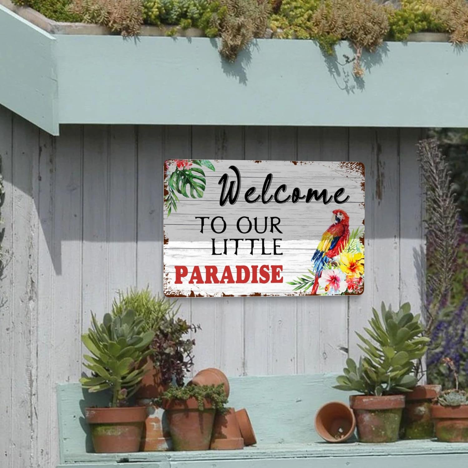 Bar Signs Bundle: 4 Retro Welcome to Our Paradise Bar Signs for Home Man Cave Garage, Tiki Wall Decor - 12x8 Inch