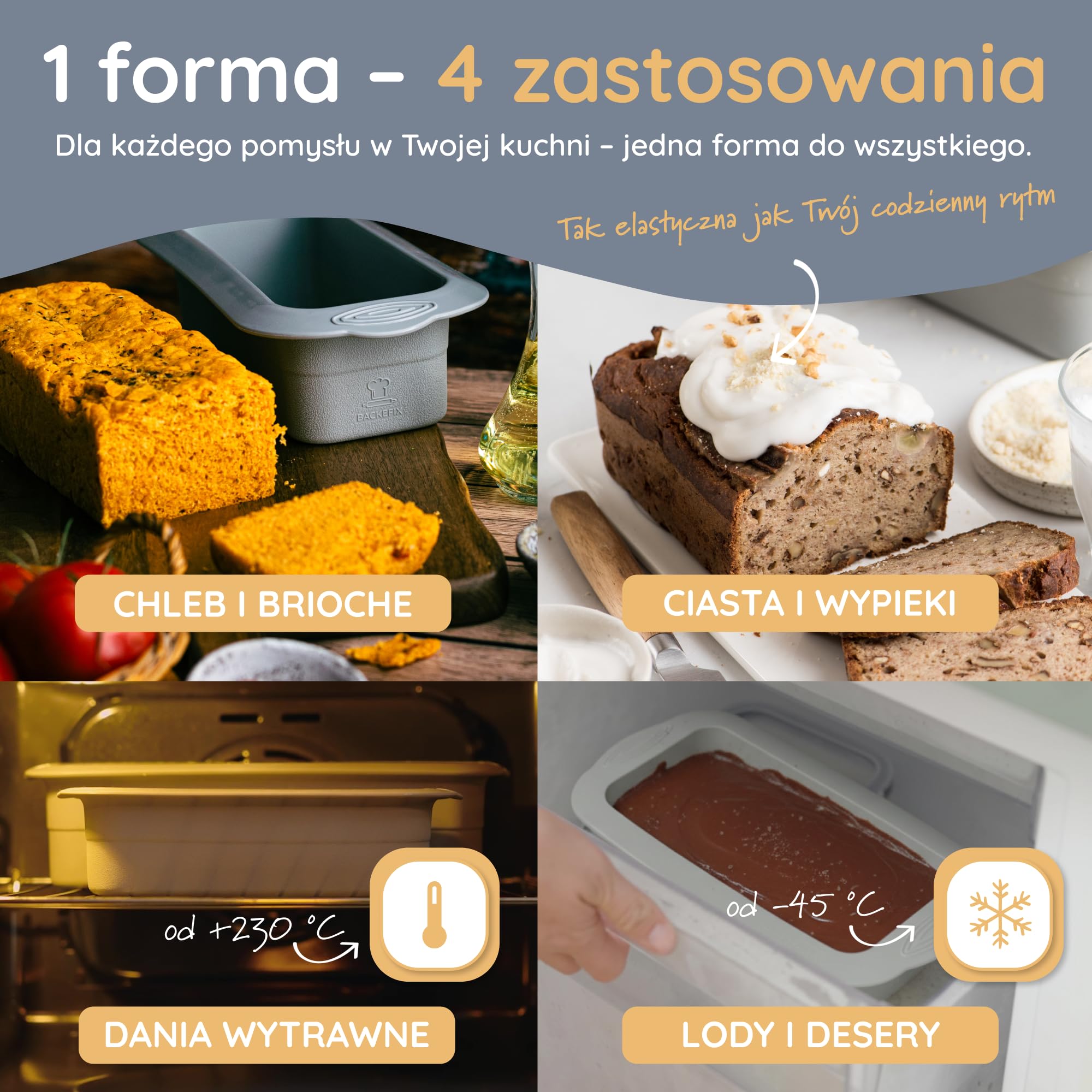 Backefix forma do pieczenia chleba z silikonu, 26 cm – Duża forma do pieczenia w kształcie prostokąta o pojemności 2100 ml na chleb i ciasto z dodatkową grubością ścianek, aby zapobiec wypukłym