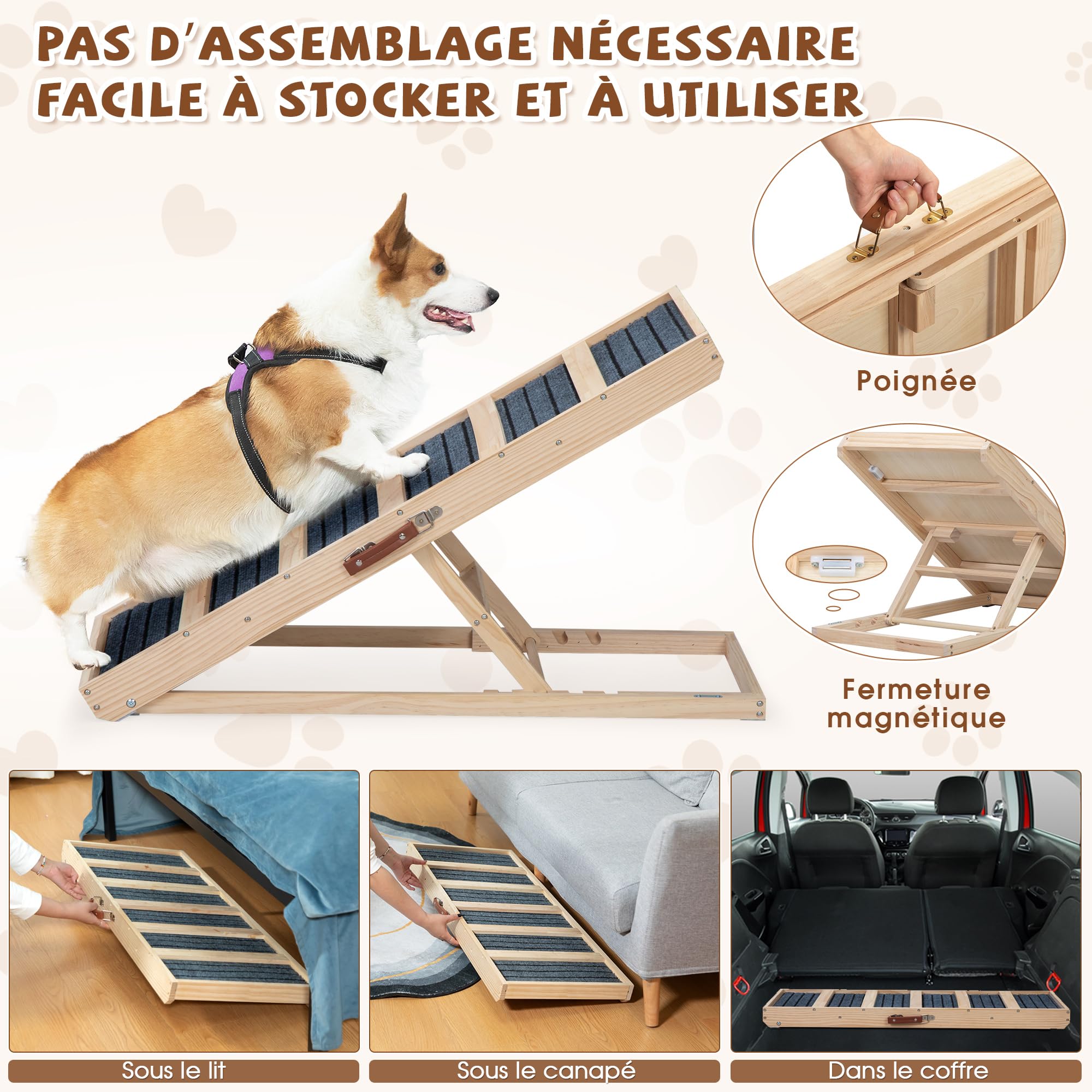 Hunderampe Klappbar aus Massivholz Höhenverstellbar mit abnehmbaren Anti-Rutsch-Leisten Für ältere Hunde & Katzen mit Mobilitätseingeschränkung Leicht & Tragbar für Auto, Sofa, Bett