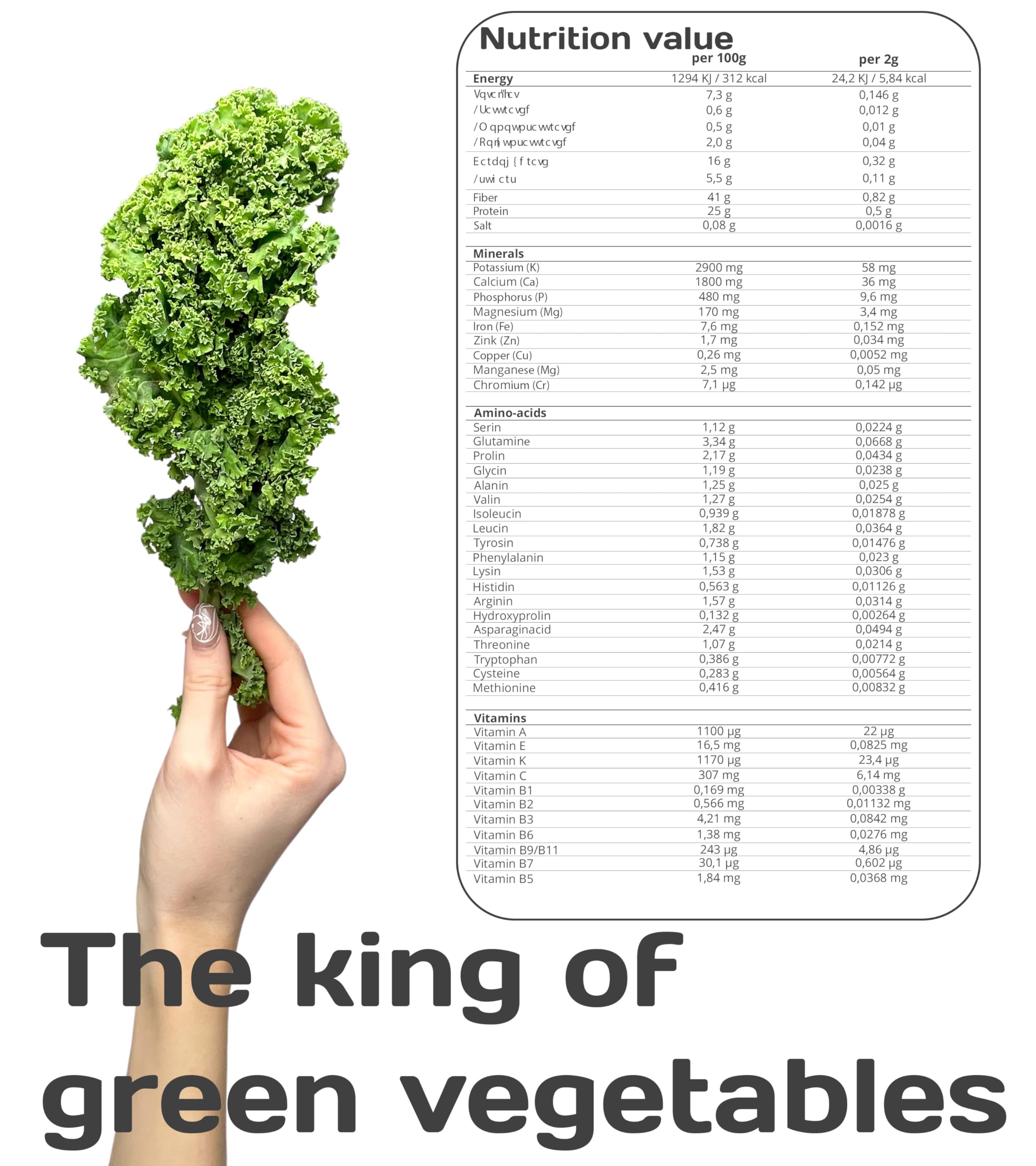 Pure Superfood Bioactive Kale Powder - 100% cavolo liofilizzato, ad alto contenuto di proteine, Kalzium, vitamina C e K. Ricco di antiossidanti, 9 aminoacidi essenziali, 25 x 2g