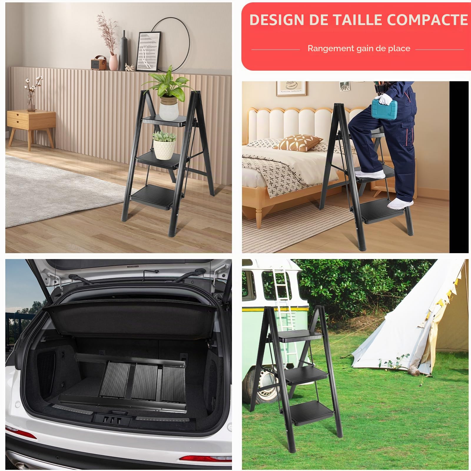 Escabeau 3 Marches Pliable, Grandes Marches, Petite Échelle Domestique pour La Cuisine 3 Marches, Facile à Utiliser, Capacité Charge 150kg