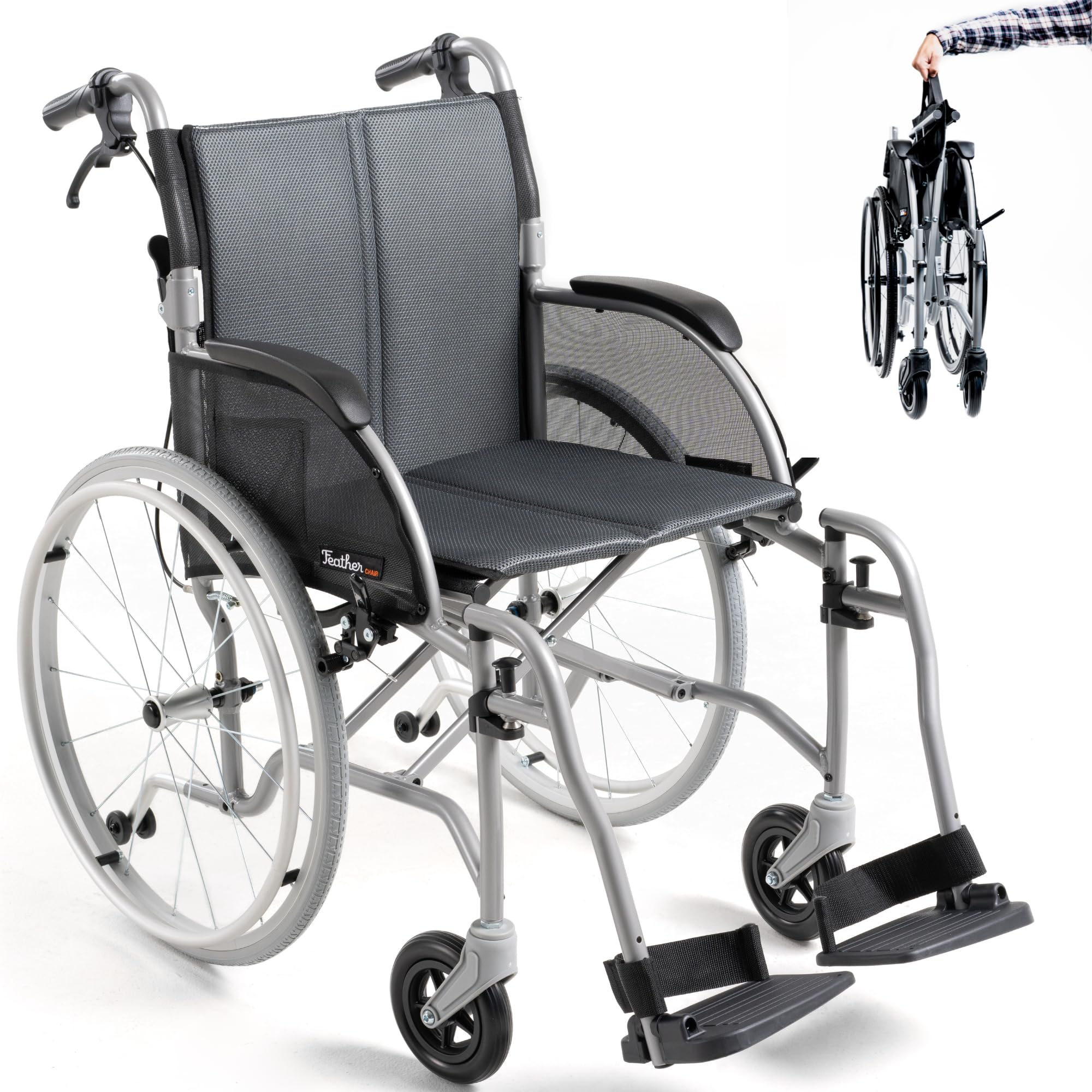 Feather Mobility - Gray Lightweight Folding Wheelchair 13.5 lbs - with Swingaway Legrests, Anti-tippers, and Quick Release Wheels - 250 lb Capacity