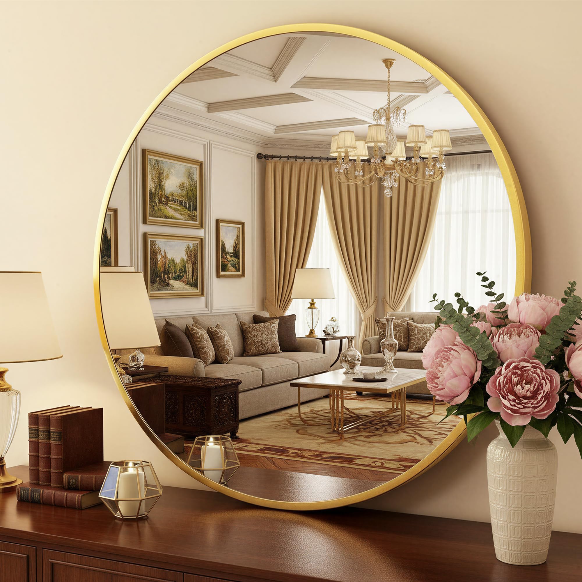 Miroirs ronds pour mur de salon grand modèle circulaire couleur or brillant