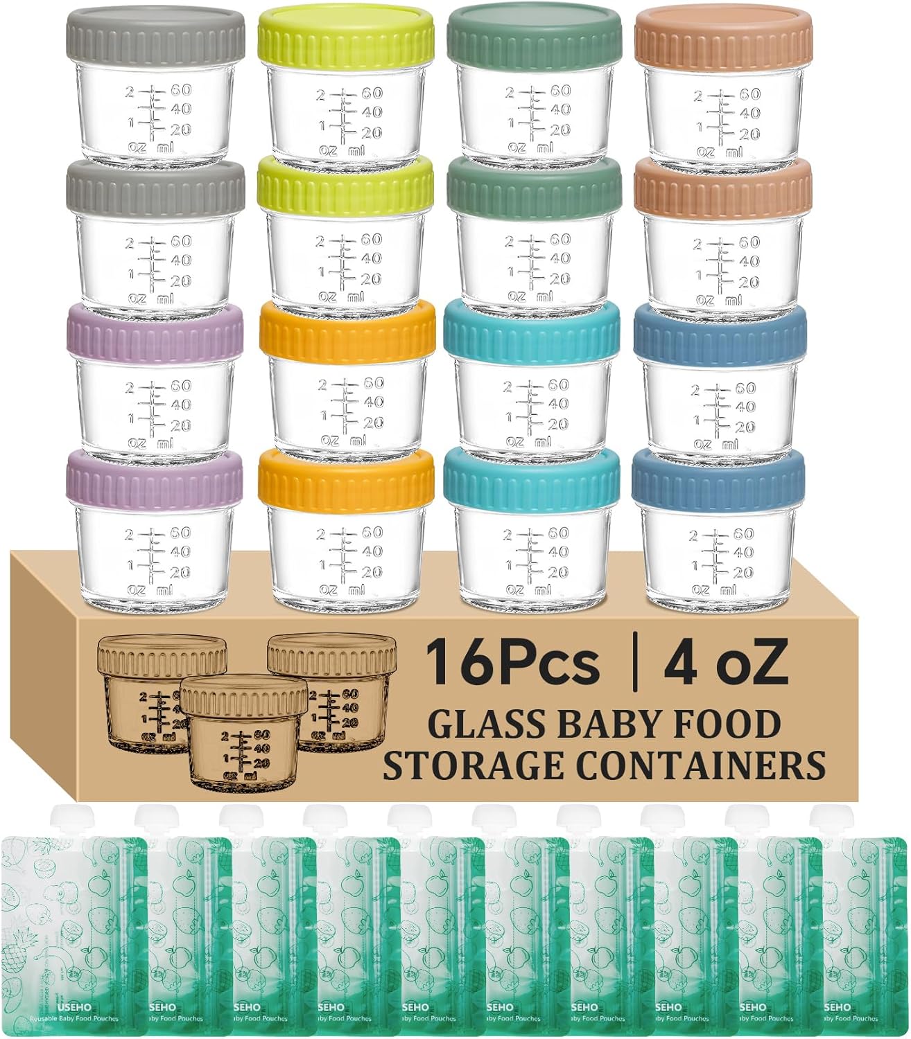 16 pcak Glass Baby Food Storage Containers & 10 Pack Reusable Baby Food Pouches Set, 4 oz Glass Jars with lids for Infant Baby Food,Freezer and Microwave Safe,100% Leak Proof,Reusable BPA Free(16)