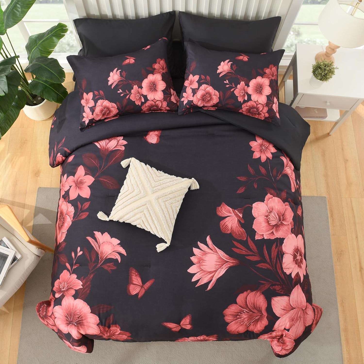 Floral Comforter Set Queen Size, 7 Piece Black Bed in a Bag, Elegant Flower Pattern Comforter Set with Sheet, Soft Microfiber Complete Bedding Sets for All Season - Image 3