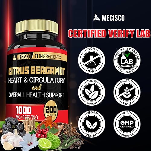 Miniatura 6 de Mecisco Suplemento de bergamota cítrica 11 en 1 de 1000 mg con hoja de olivo, baya de espino, guggul, ajo y más, apoya la inmunidad, el sistema