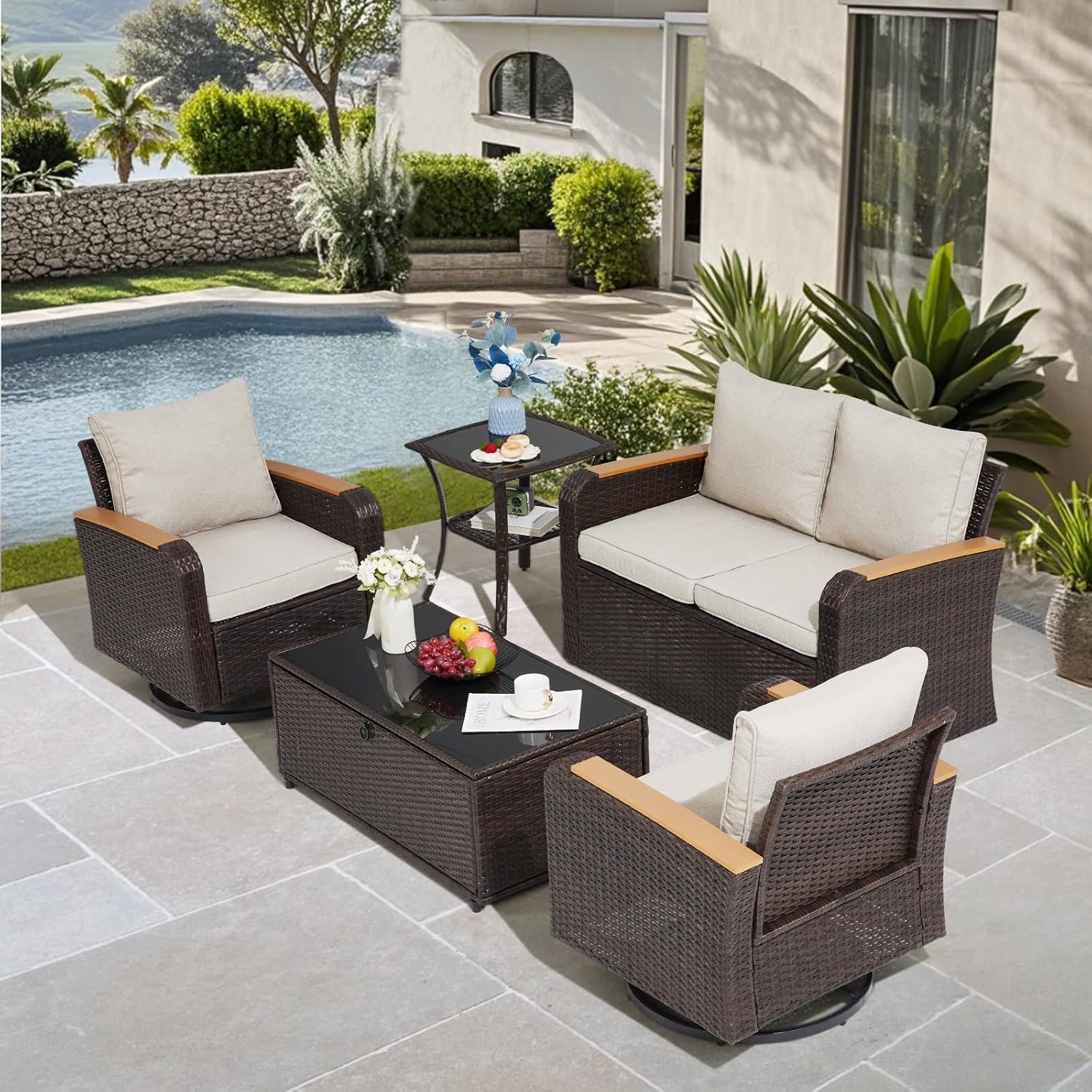 5 Pieces Outdoor Furniture Set with Swivel Chairs, Patio Wicker Patio Furniture Sets for Porch Deck Bistro Lawn Garden Backyard Poolside-Khaki