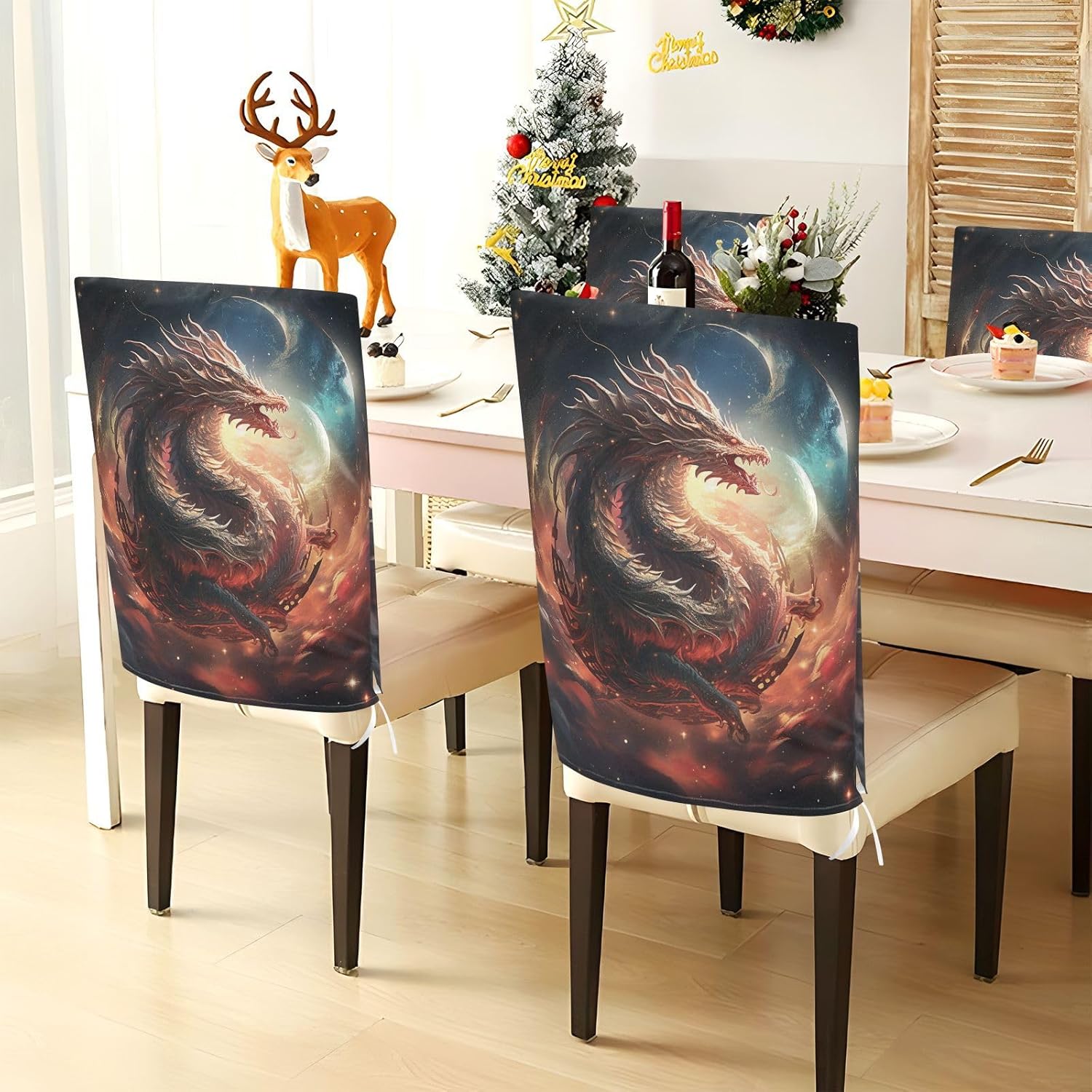 ALAZA Dragon and Galaxy Chair Back Cover Set of 6, Washable Reusable Removable Chair Slipcovers Decorative Chair Cover for Home Kitchen Wedding Party