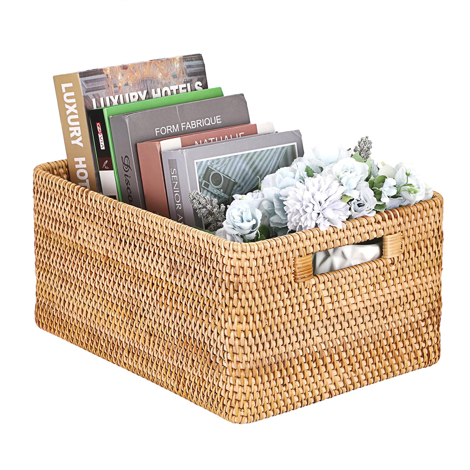 IGNPION Cestino in vimini aperto decorativo, multiuso, per mensole, bagno, cucina, soggiorno, ufficio, 38 x 28 x 18 cm