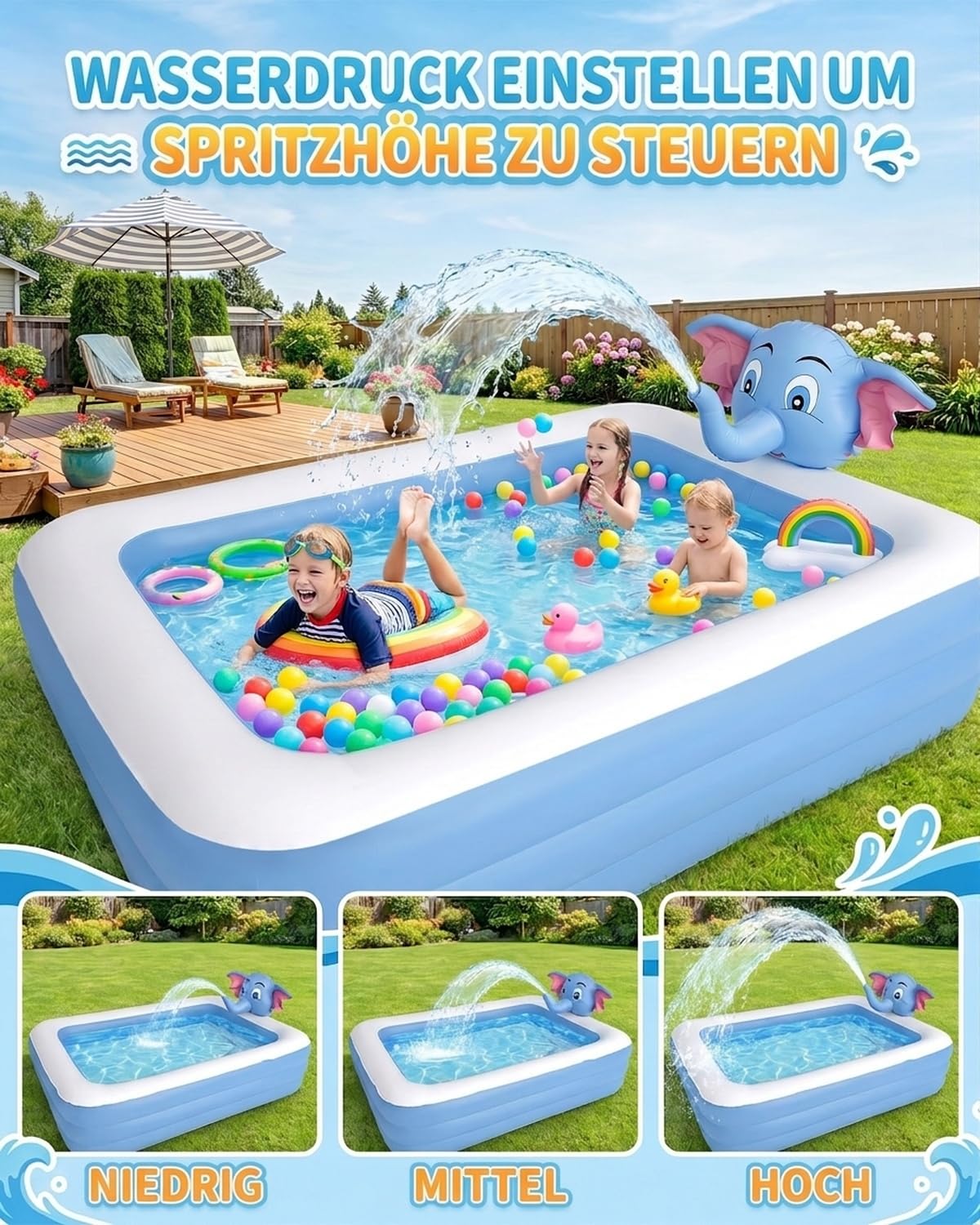 Aufblasbarer Swimmingpool Planschbecken mit Sprinkler 3D-Elefantenkopf 200 x 150 x 50 cm Familienpool