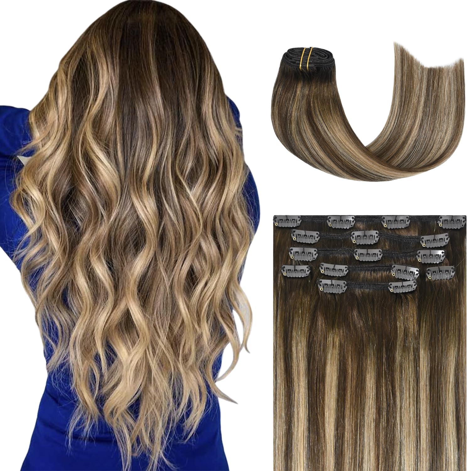 Honsoo Clip in Hair Extensions Real Human Hair Chocolate Brown To Blonde 70g 7pcs 15Inch Natural Straight Omber Hair Extensions For Women