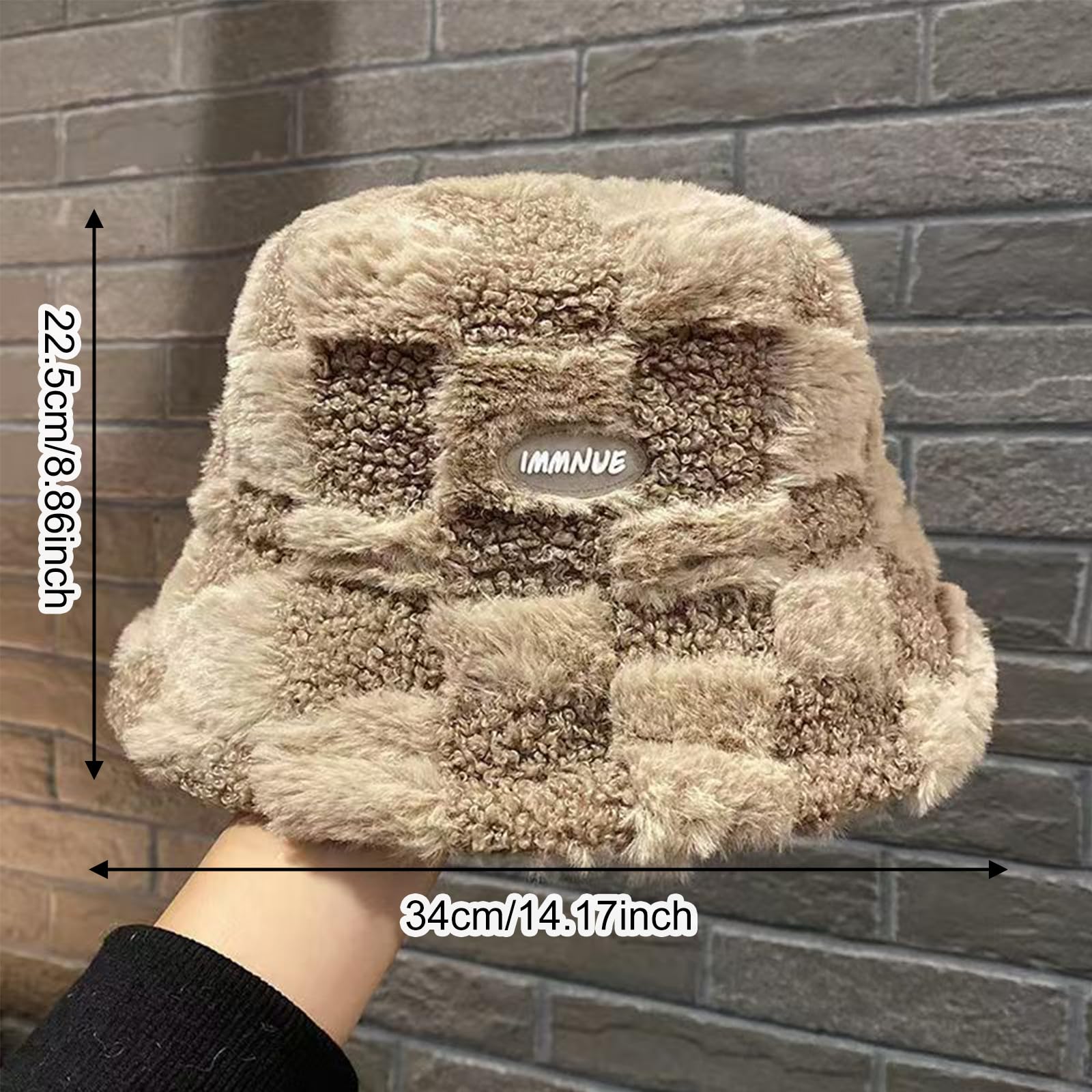 Pluszowy kapelusz rybacki, khaki w kratkę, ciepły kapelusz typu bucket hat, damski kapelusz zimowy, odporny na zimno, pogrubiony kapelusz wędkarski, nadaje się do użytku wewnątrz i na zewnątrz