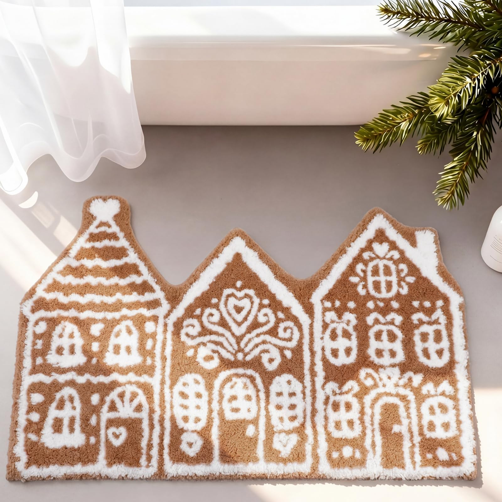 Gingerbread House Christmas Bathroom Rug, 20" x 28", Brown