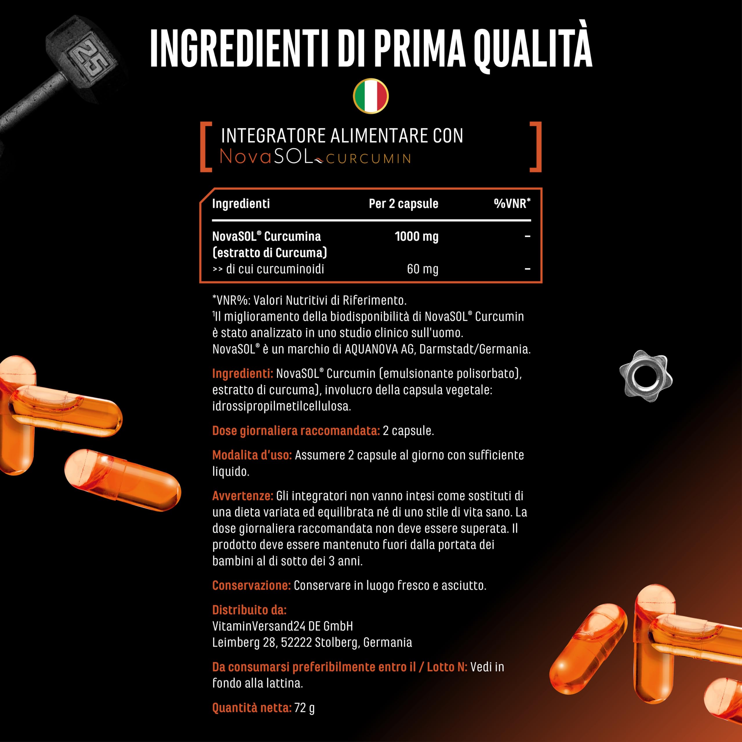 Curcuma NovaSol® - 120 capsule liquide - 1000 mg di curcumina per dose giornaliera - Con tecnologia brevettata NovaSOL® - Biodisponibilità 185 volte superiore grazie alla forma liquida - vegano