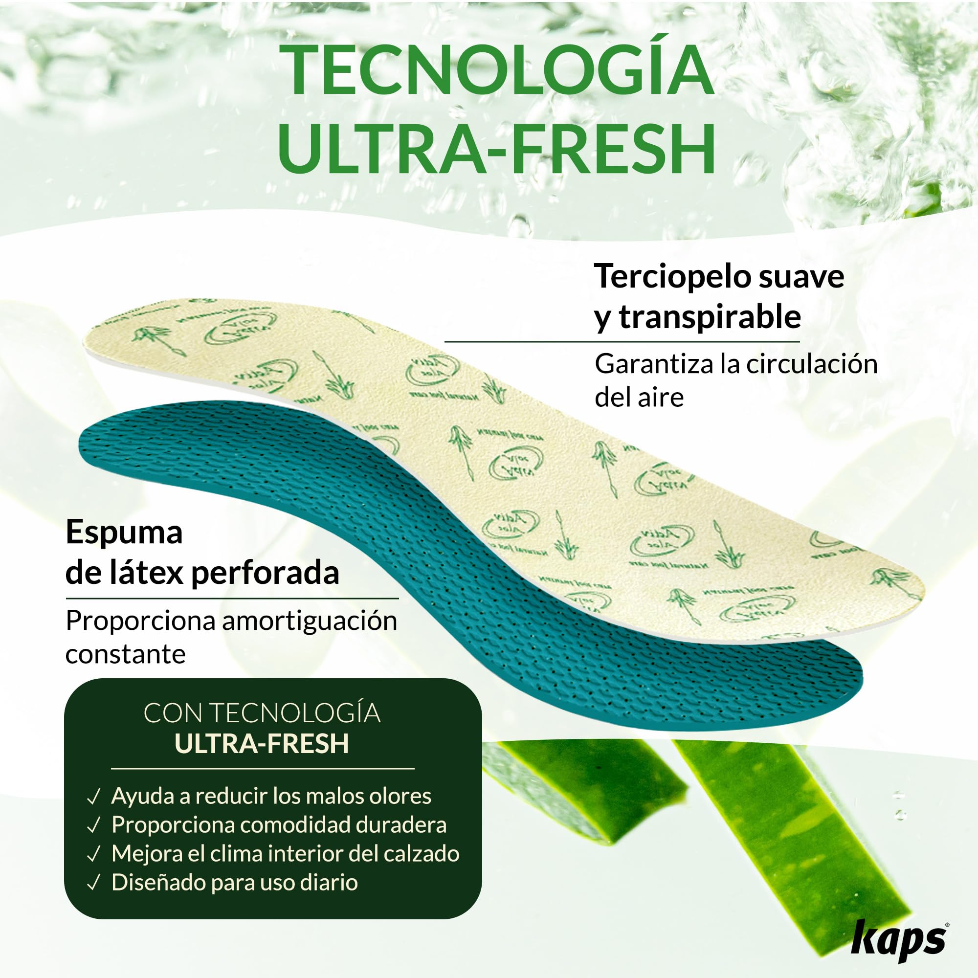 Kaps Plantillas Aloe Vera Ultra-Fresh Hombre y Mujer, Plantillas Zapatos Unisex Tacto Suave Transpirables y Antideslizantes - Para Cortar a Medida con Tecnología Antiolor - 6 Pares