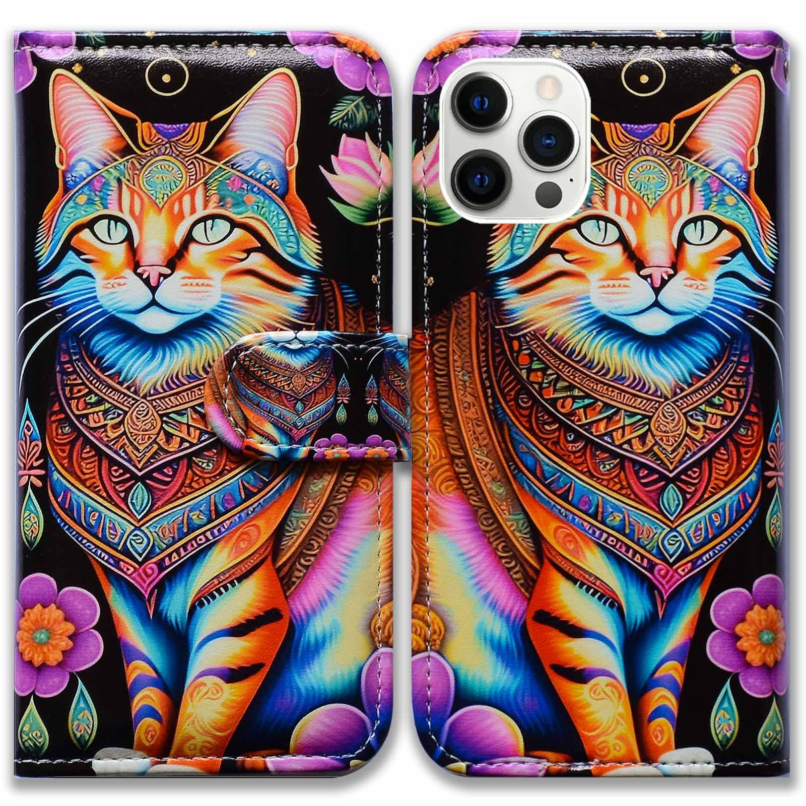 Bcov iPhone 13 Pro Max Case,Floral Cat Mandala Flowers Leather Flip Phone Case Wallet Cover with Card Slot Holder Kickstand for iPhone 13 Pro Max