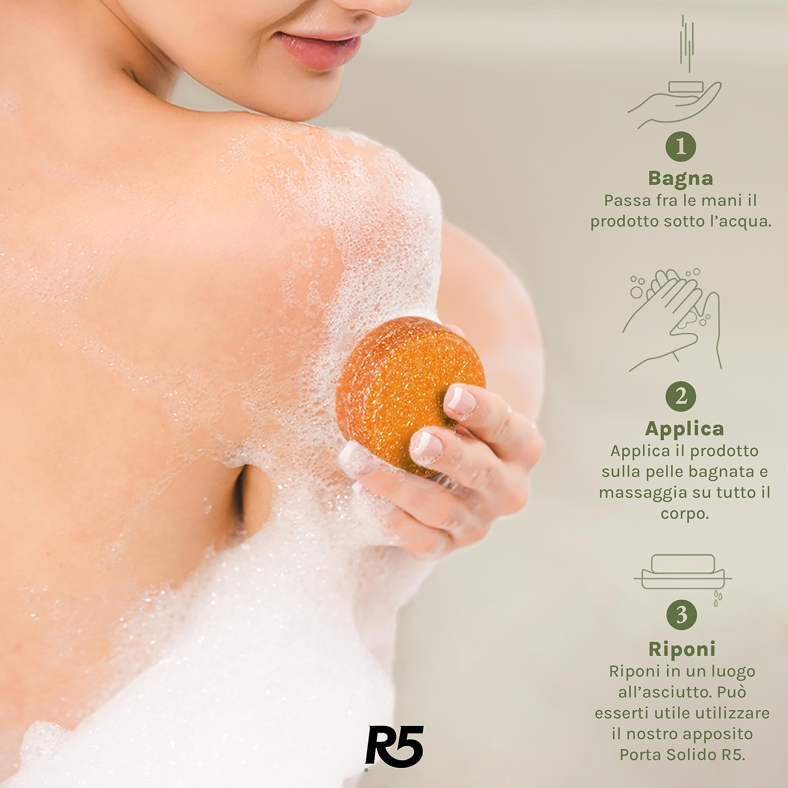 R5, Kit 1 Shampoo Solido Idratante e 1 Docciaschiuma Solido Nutriente al Profumo di Fiori, 2 Portasaponi in Plastica 100% Riciclata, Ecostenibili, Vegan, Made in Italy, Idea Regalo