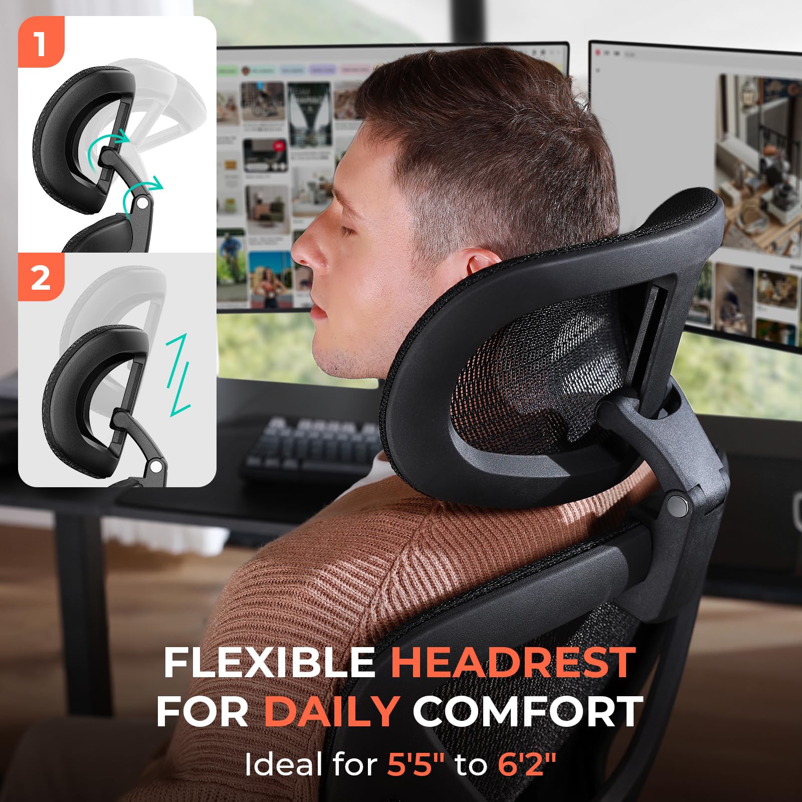 CAPOT Ergonomic Mesh Office Chair, Adjustable Lumbar High Back Desk Chair 400lbs, 4D Flip-up Arms, 3-Level Tilt Backrest, 3D Headrest, PU Wheels, Swivel Rolling Computer Seating for Long Desk Work