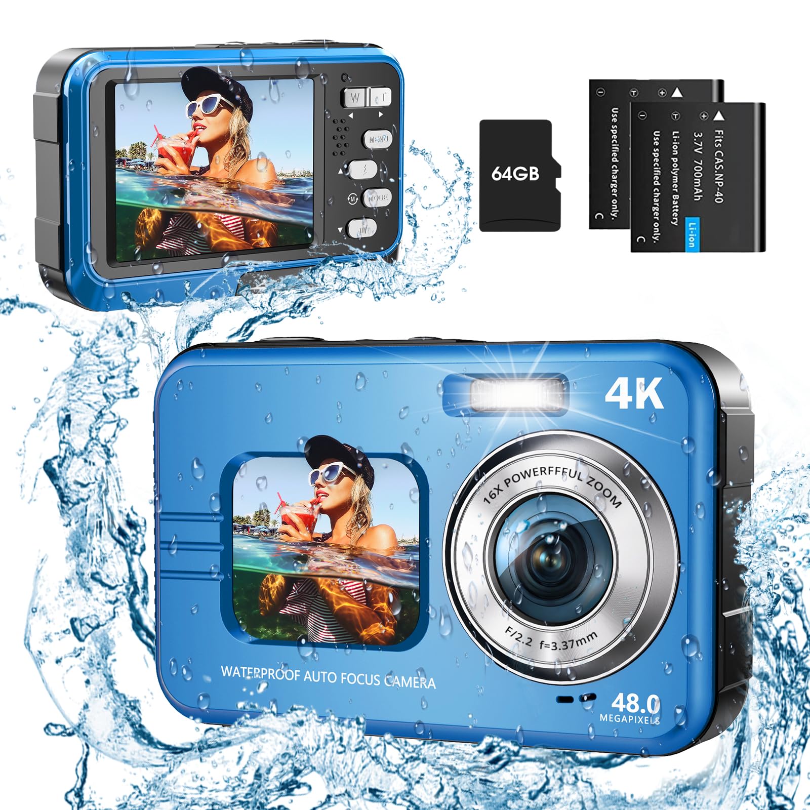 Appareil Photo Numérique HICSHON 4K étanche 48 MP Autofocus Caméra sous-Marine avec Carte mémoire 64 G Selfie Dual écrans avec Zoom 16X, Compact pour Enfants/débutants (Bleu)