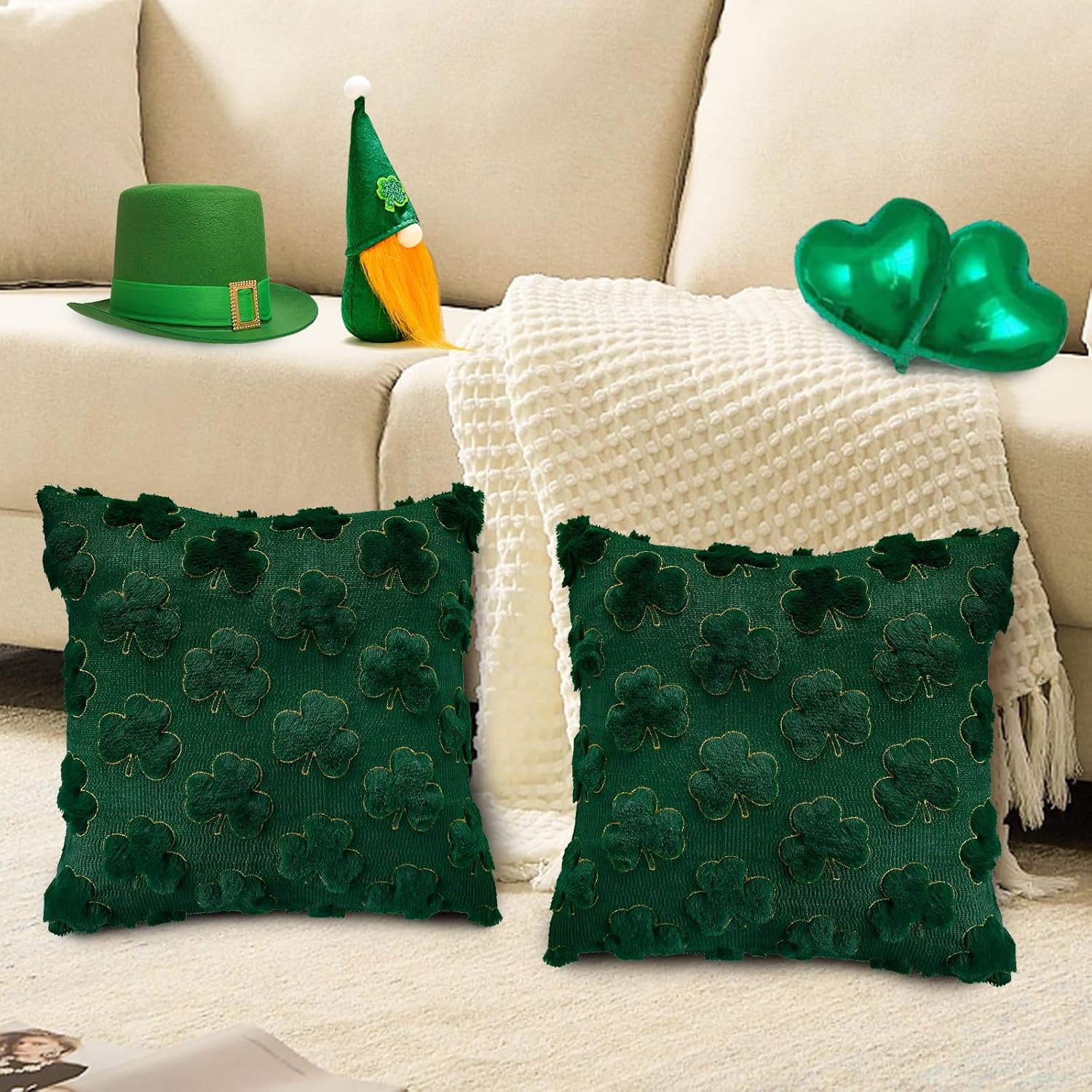 St Patricks Day Decorations St Patricks Day Pillow Covers 18x18 inch Set of 2 Shamrock Shaped Pattern Faux Fur Soft Plush Home Decor Throw Pillows Case for Indoor Outdoor Sofa Bedroom Living Room - Image 5
