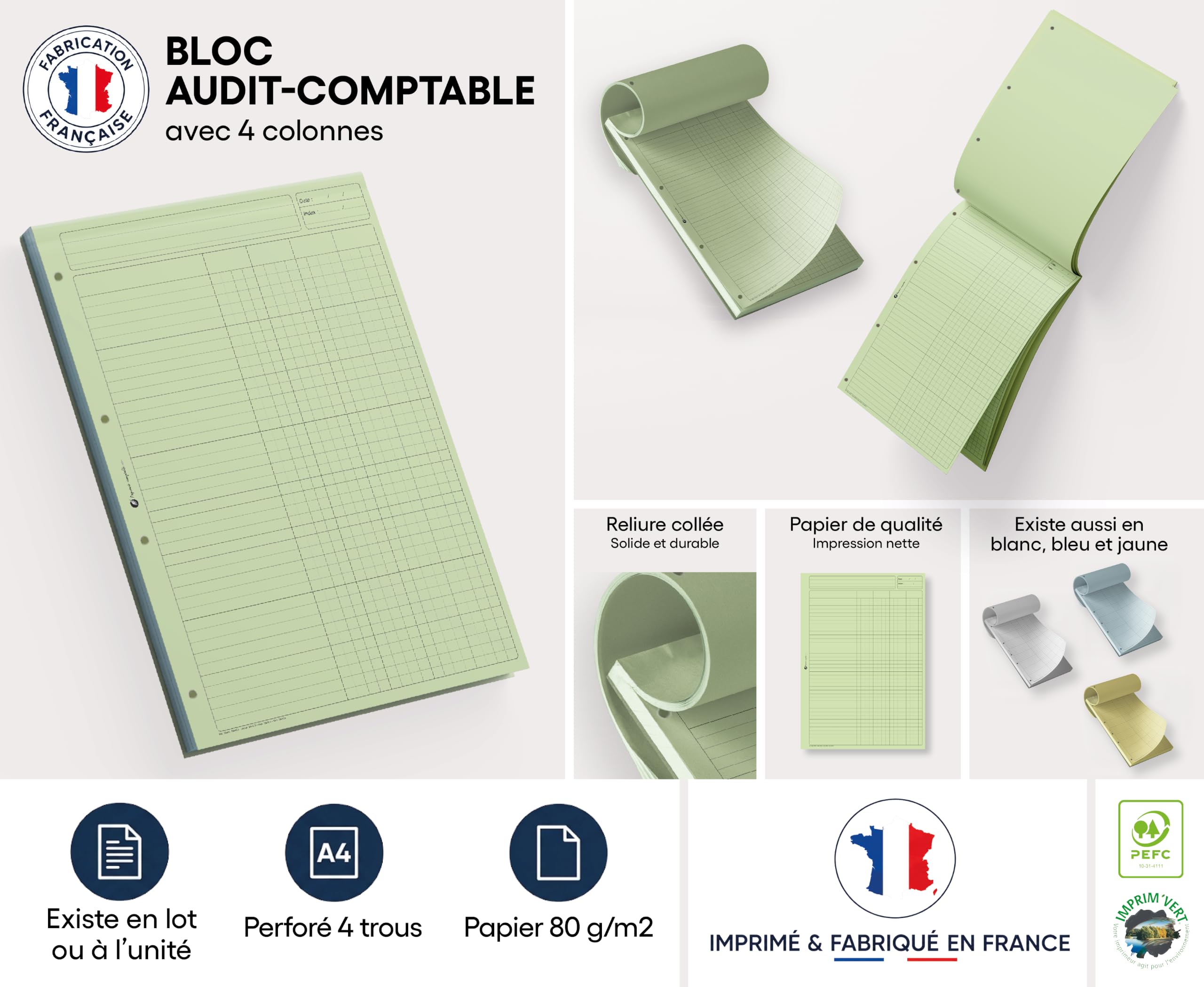 Bloc comptable lot de 5 - vert - 4 colonnes - 80 pages