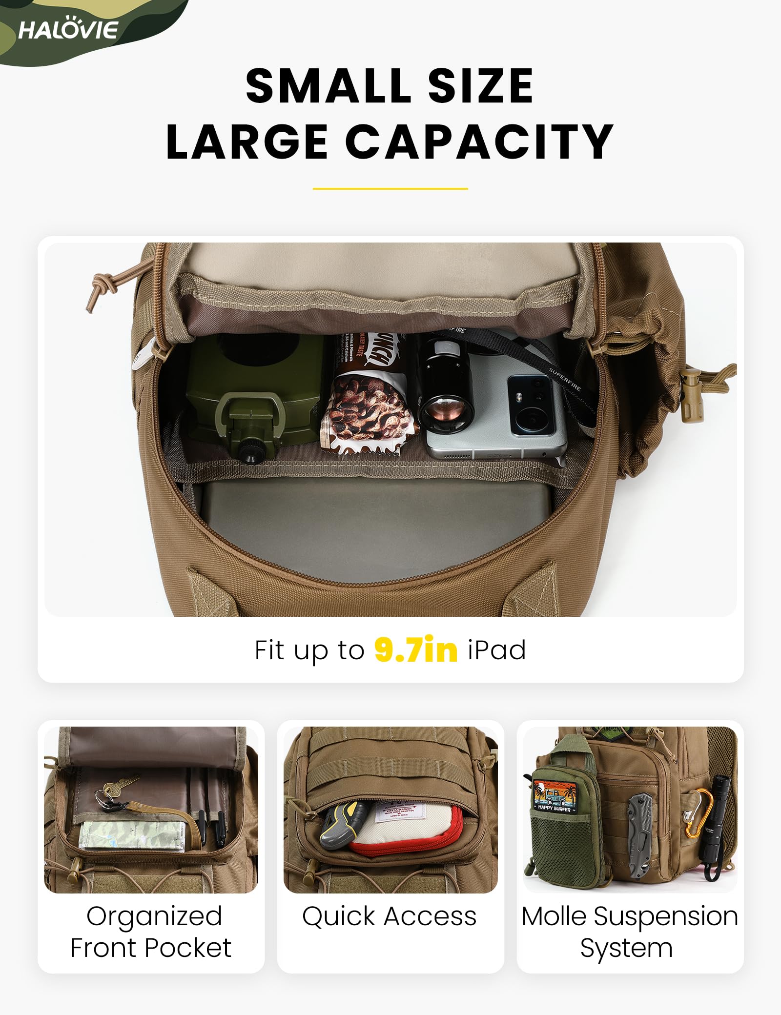 HALOVIE Sac Bandoulière Homme,Sac à Poitrine avec Blocage RFID Sacoche Bandouliere Tactique pour Homme & Femme Sacs à Dos Porté Travers pour Voyage Randonnée Camping Trekking