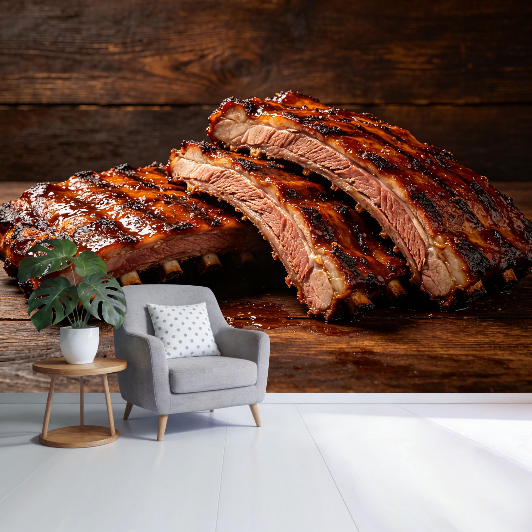 Custom Size Wall Mural BBQ Grilled Pork Ribs Close Up Rustic Wooden Table Food Photography Style SelfAdhesive Wall Fabric Removable Wallpaper for Home Office Decor