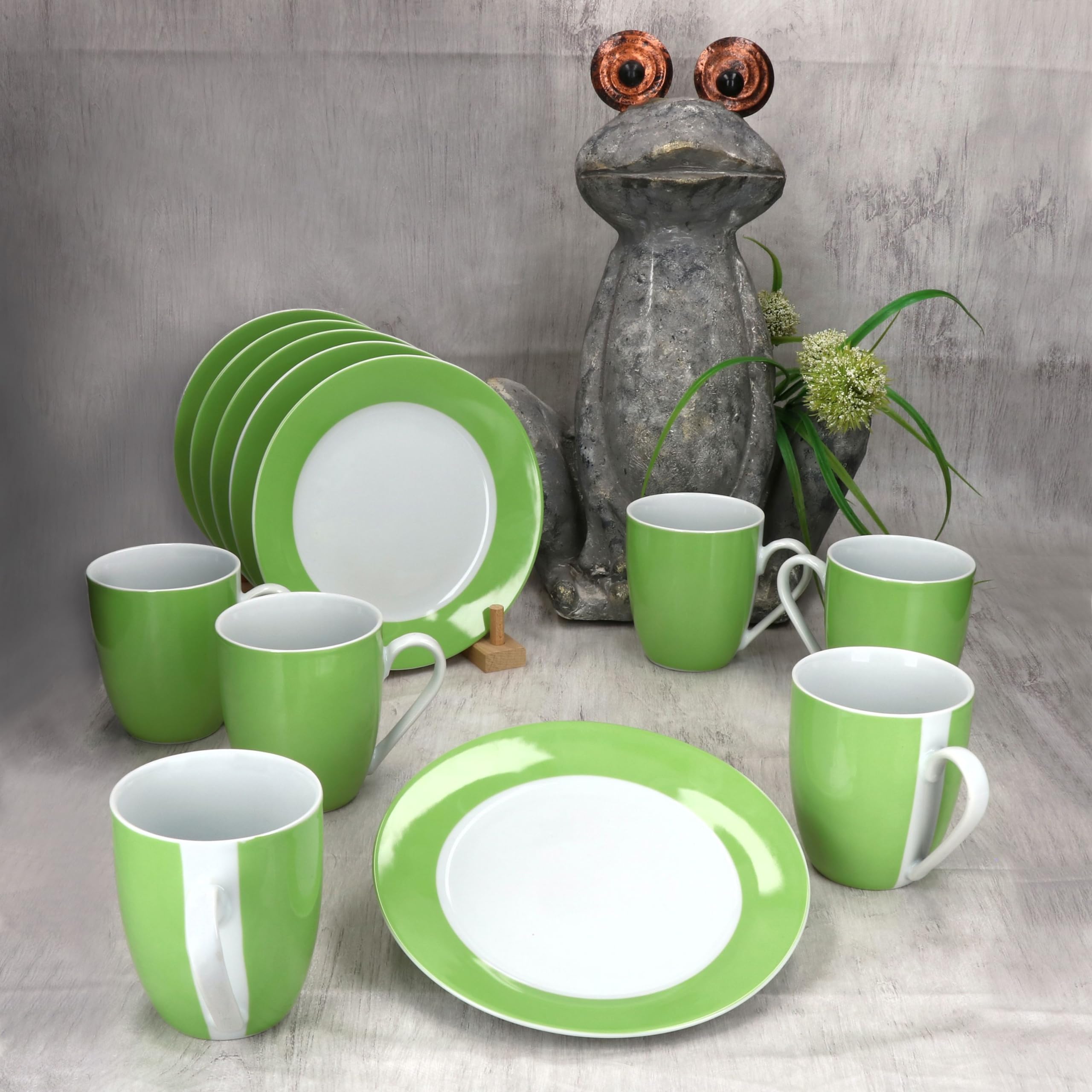 MamboCat Variant Service de petit-déjeuner 12 pièces Vert I 6 petites assiettes et 6 tasses à café de 350 ml, hauteur 10,3 cm pour 6 personnes I Tasse, assiettes à gâteau I Vaisselle en porcelaine