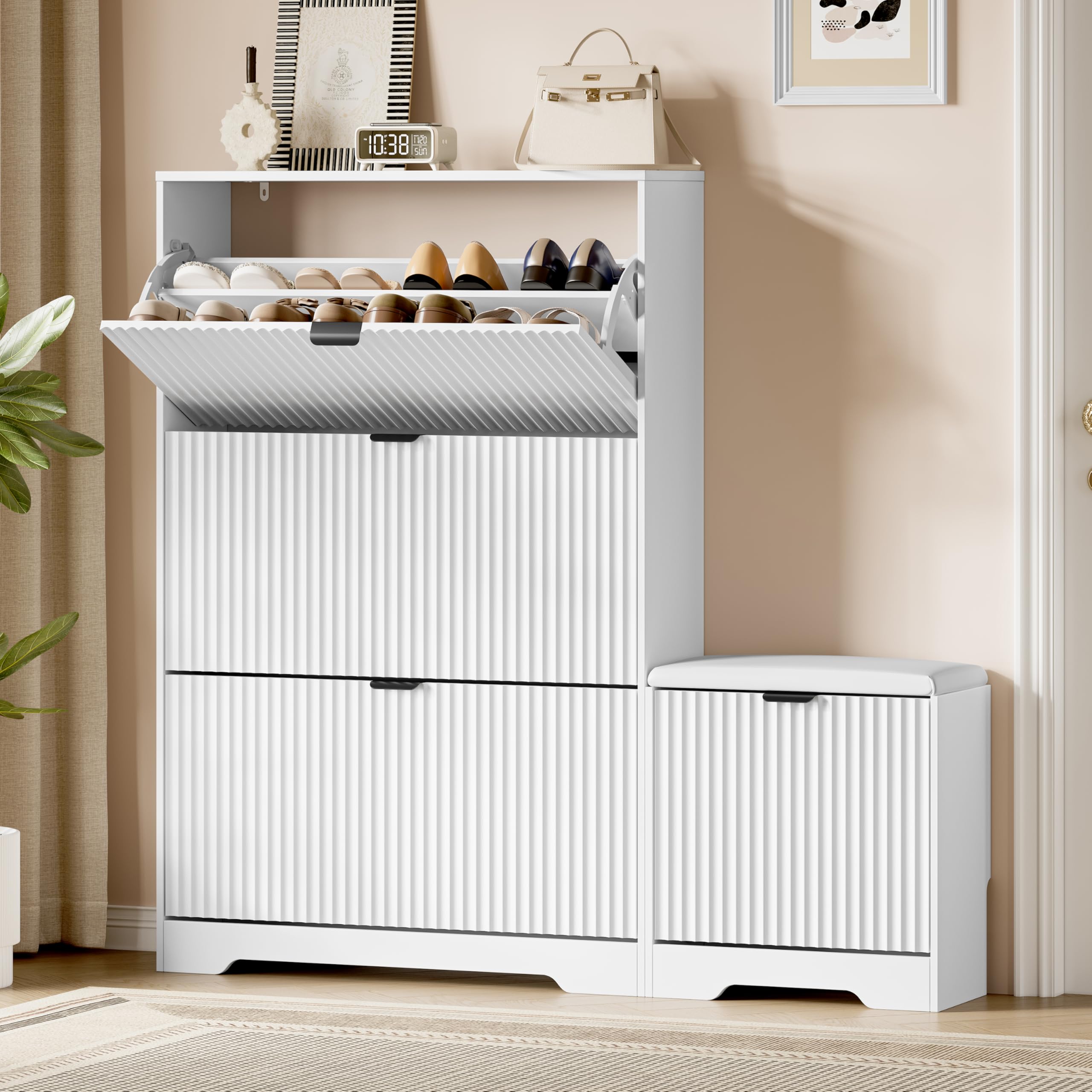 Xixini Shoe Storage Cabinet for Entryway with 3 Flip Drawers &amp; Bench, Slim Wood Shoe Organizer with Modern Fluted Panel, Freestanding Narrow Shoe Rack for Front Door Entrance, Hallway, Foyer, White