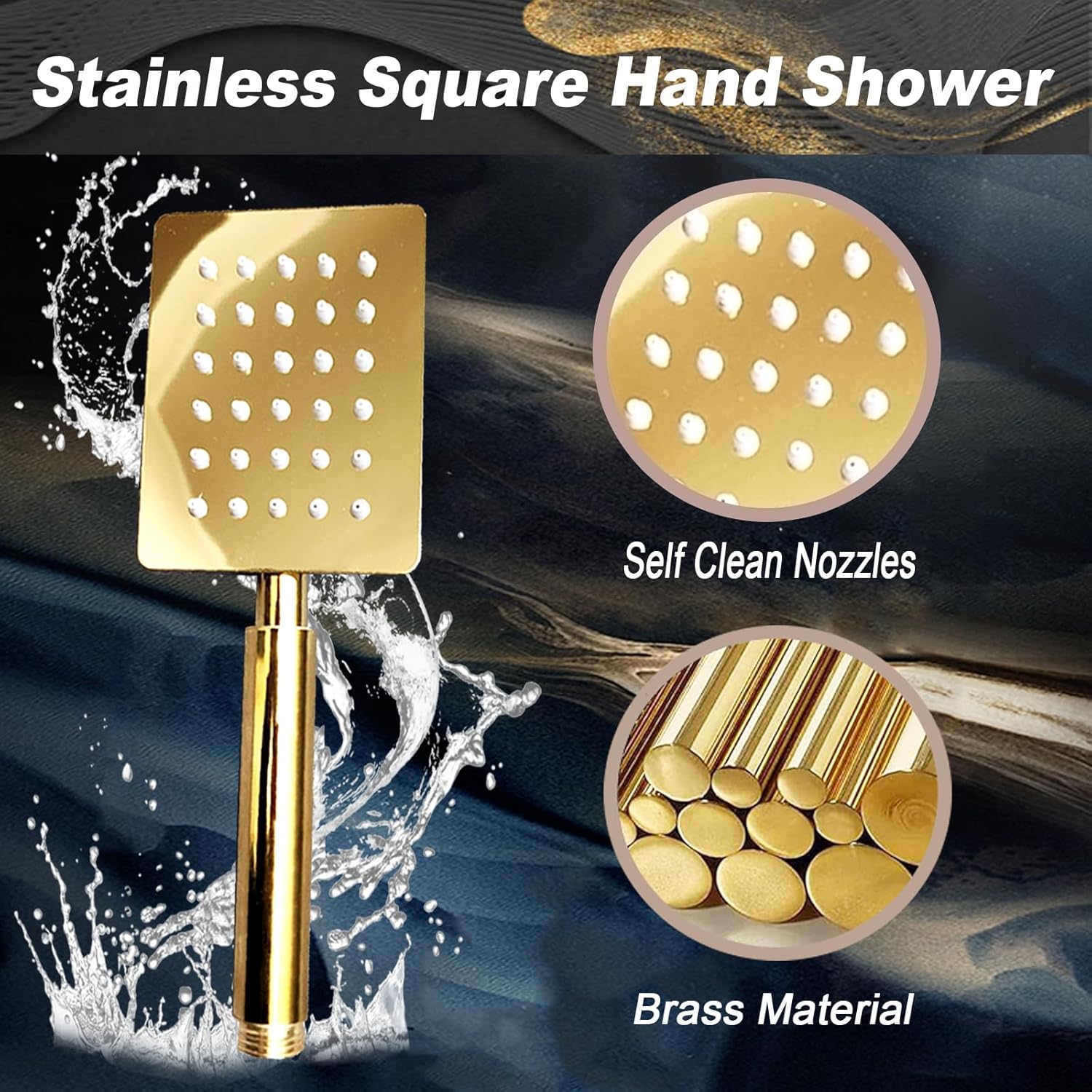 High Pressure Square Rain 8'' Shower Head Combo, Equipped with all Metal Hand Shower, 78" Extra Long Hose, 3-Way Diverter, Adhesive Shower Head Holder (WOSAISIUS Square Shower Head Set Gold)