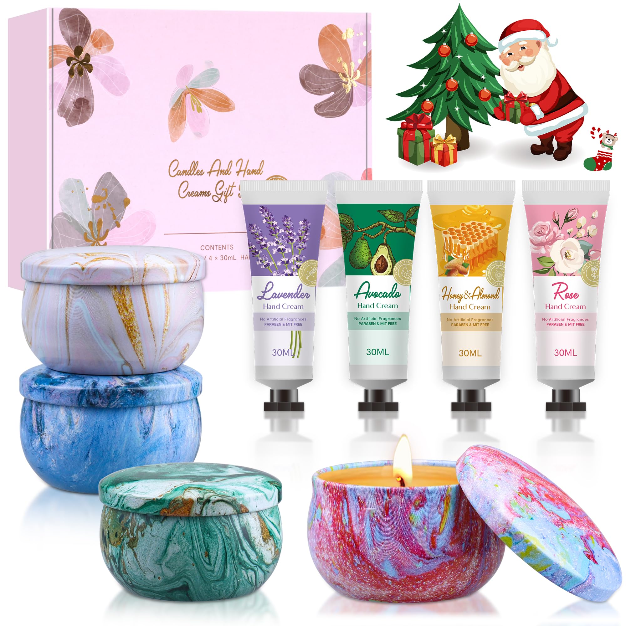 Regalos para Mujeres y Hombres - Velas Aromáticas Set de Regalo 4 x 90 g | Set de Crema de Manos 4 x 30 g, Pequeños Objetos Regalos para Navidad, Colegas, Mamá, Novia