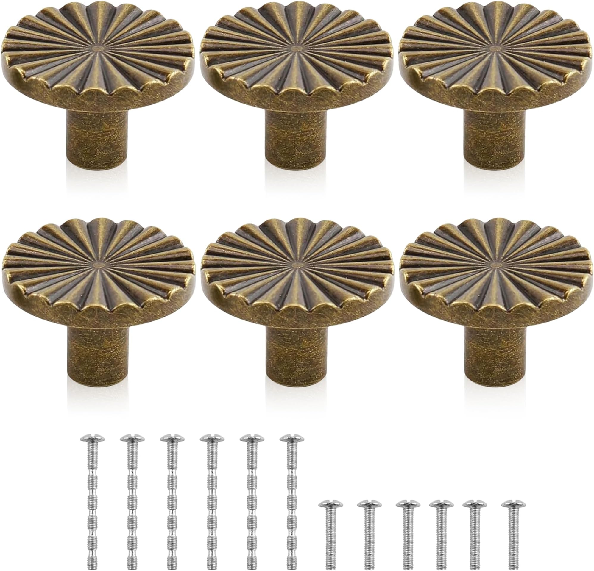 6 Pcs Cabinet Knobs, Antique Brass Drawer Knob, Cupboard Knobs, Door Knob, Zinc Alloy, Vintage Design, for Kitchen, Bathroom, Dresser, Wardrobe, Cabinets with Screws Set