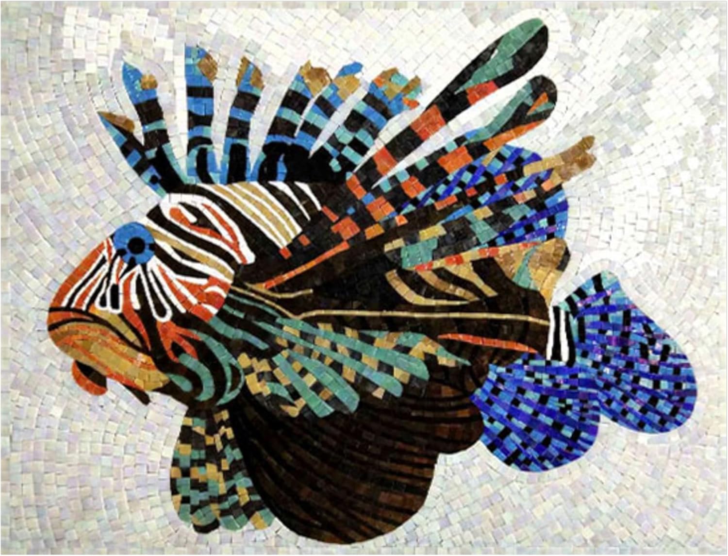 Handmade Colorful Lionfish Marble Mosaic Wall Art, Ocean Tile Mosaic Artwork, Hand-Cut Contemporary Coastal Wall Décor