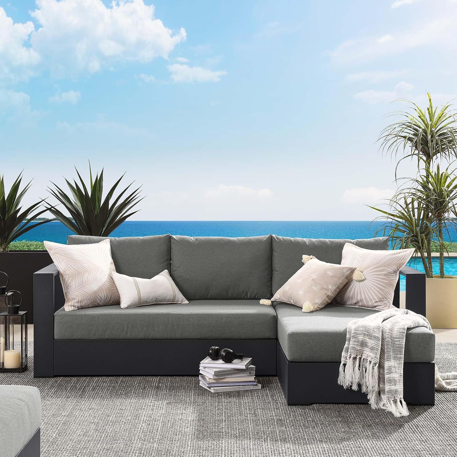 Modway Tahoe Modular Aluminum 2-Piece Outdoor Patio Furniture Gray, Right-Facing Sectional Sofa Set with Weather-Resistant Cushions, Ideal for Deck, Backyard, Poolside