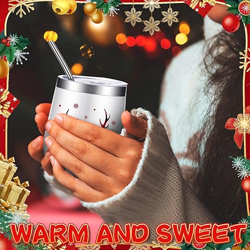 Miniatura 7 de 6 vasos de vino de acero inoxidable de Navidad de 12 onzas, vaso de vino aislado divertido con tapa, popote y cepillo, tazas de vino aisladas para